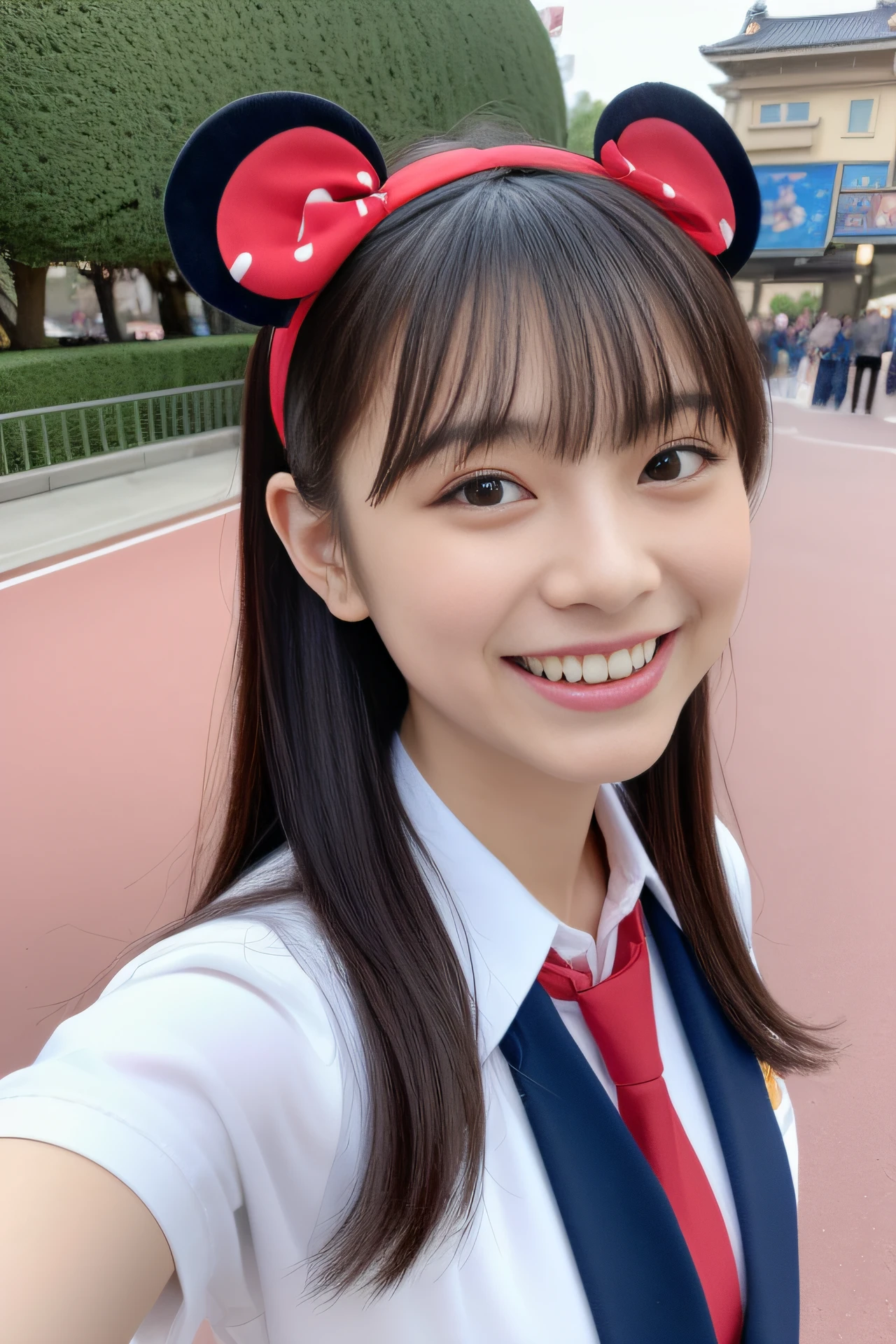 high resolution, RAW photo, photorealistic, (best quality, 8k, 32k, masterpiece, UHD:1.2), Photo of Pretty Japanese model, 1girl, solo, school uniform with red necktie, (selfie:1.3), skinny, medium straight hair, bangs, upper teeth, happy smile, mickey mouse headband with ears, outdoor, Tokyo Disneyland castle in the background