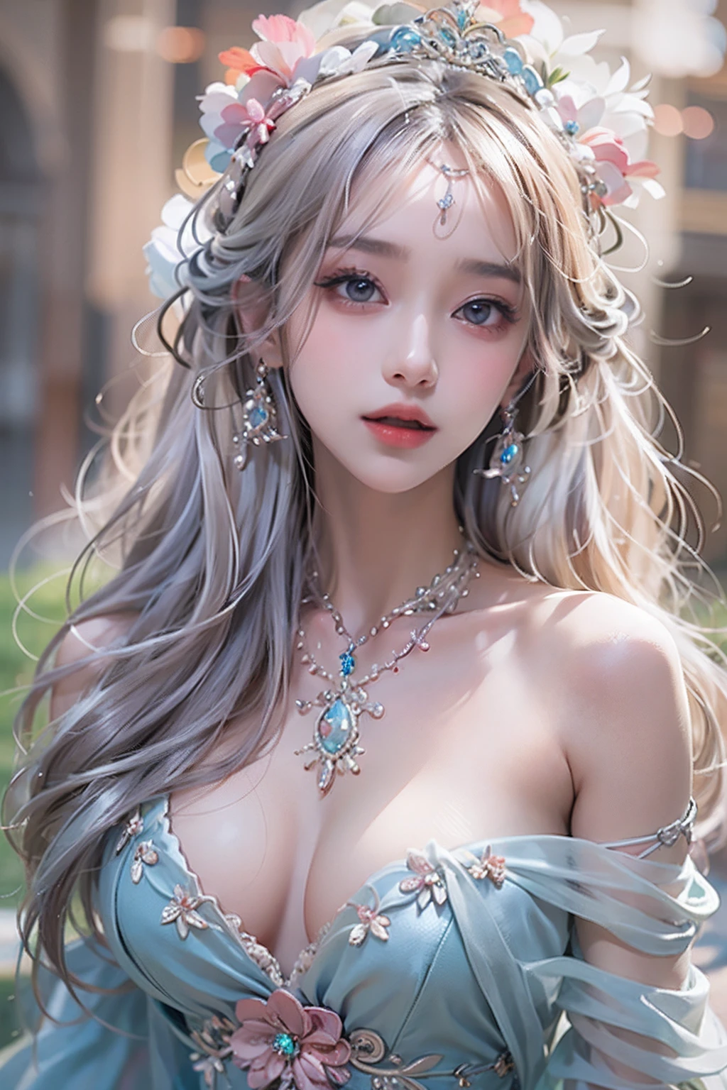 best qualtiy, tmasterpiece, 超A high resolution, (realisticlying:1.5), RAW photogr, 1girll, silber hair, Long whit hair,hair adornments,shoulder,cold and glamorous,Sexy look,Cyan and pink tulle dress, Detailed scene, Emphasis on the chest、amazing pose, Eye-catching accessories, painting-like