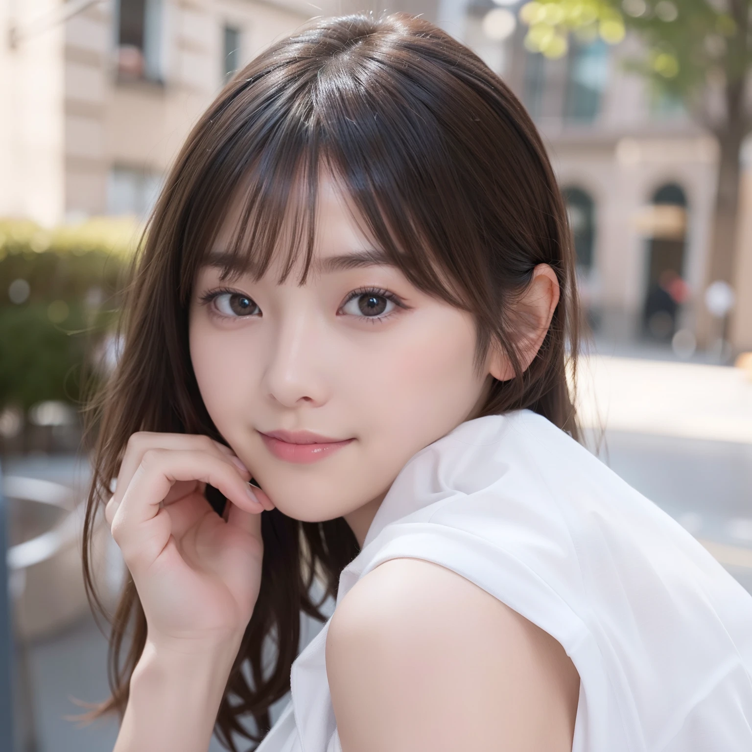 in 8K,Best Quality:1.4, 超A high resolution:1.5, (Photorealistic:1.4),​masterpiece:1.2,(top-quality:1.4)、 Raw photo、 (the background is blurred),  1日本人の女の子, Cute, (Solo:1.4), (Shy smile), Smooth skin、 (Brown medium hair,Bangs),nogizaka,Supple fingertips,Beautiful black eyes、dual、natural skin textures:1.3, realistic eyes and face details:1.7、middlebreasts、during daytime、Toned buttocks:1.5、gazing at viewer,The photographer is３ｍpostpone, Upper body:1.8,(detailed hairs:1.1), (Detailed eyes:1.1)、cute little、Date scene、Dating Men、I'm a girl、Date Clothes、Cute clothes