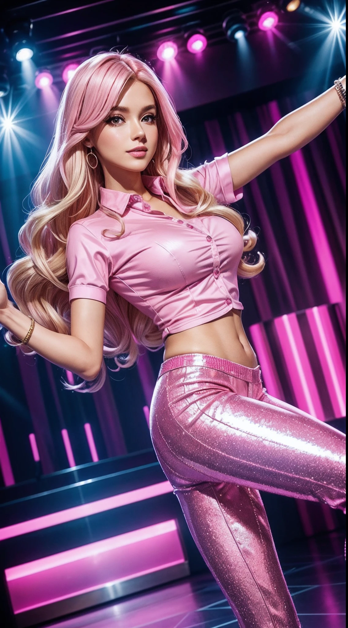 Barbie, Saturday Night Fever, (Pink lame business suit:1.3, PINK SHIRT:1.3,Pink Bell Bottom:1.3), mirror ball, disco, Dancing, Dancing Queen, high-heels, Long Blonde Hair, Wavy Hair, Gorgeous atmosphere, Glitter, dance floor, Intricate details of the atmosphere, Detailed legs, Detailed hand,Detailed finger,(8K, 16 K, Super Detail), high details, Best Quality:1.2, hight resolution, High quality, masutepiece:1.4