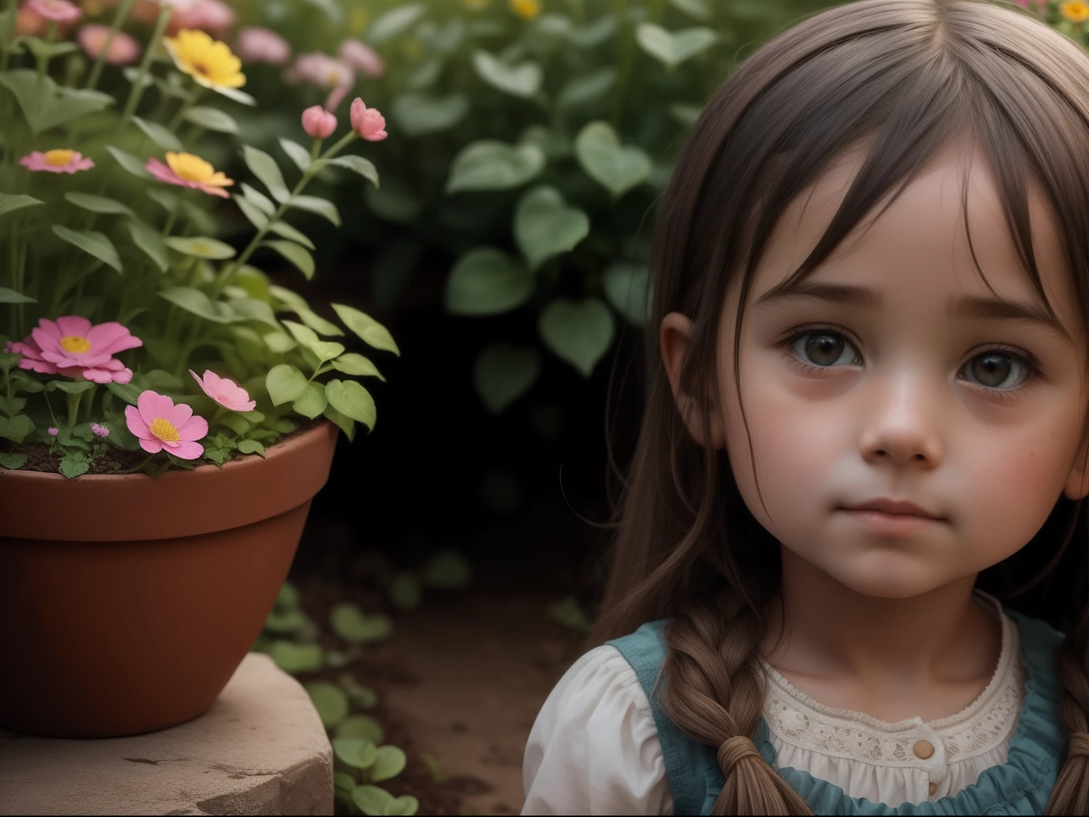 The  girl is wandering in the garden, Sweet faces, Face the lens, , flower pots,rivulets, k hd, Depicted delicately..