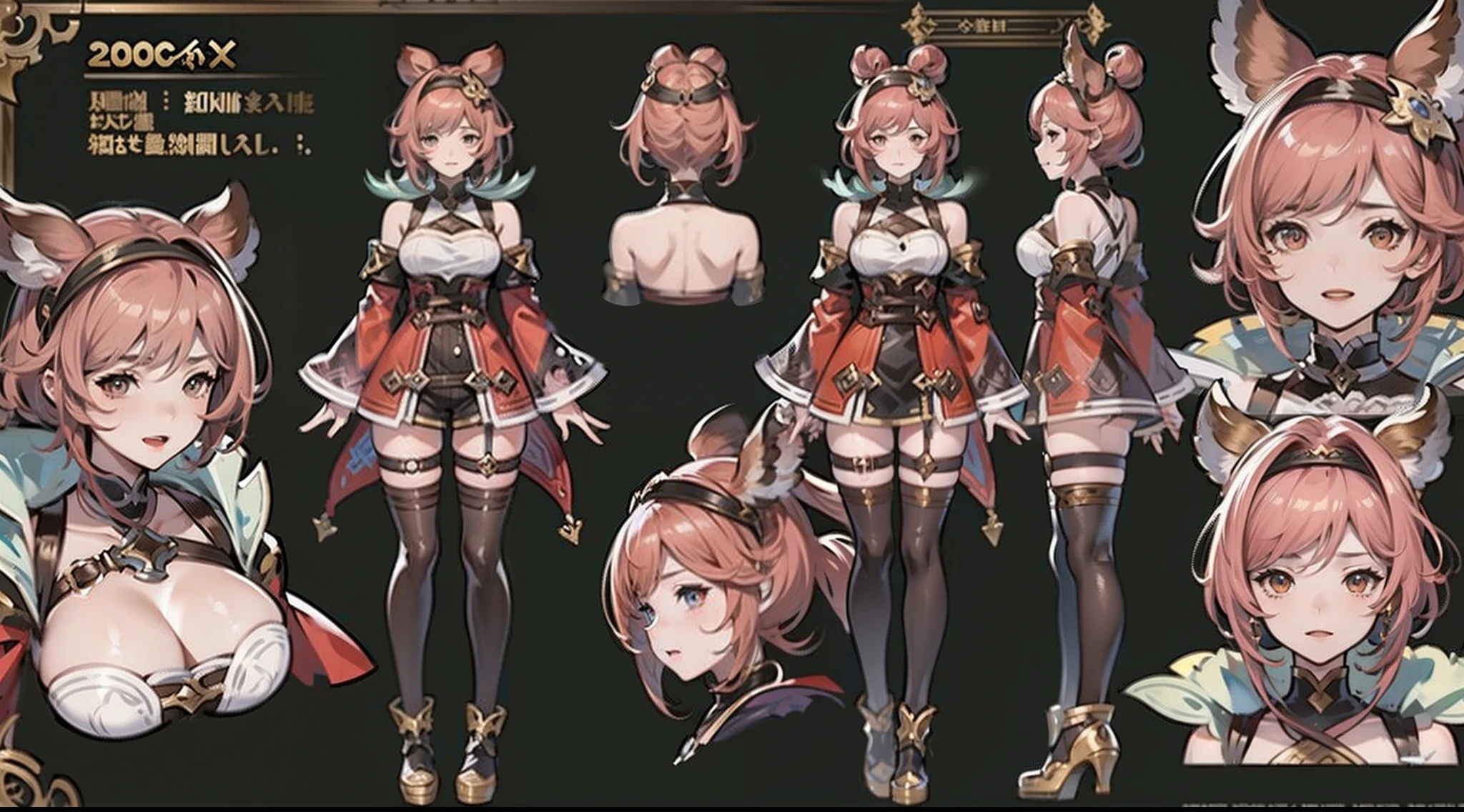 1 woman, 20 years old, (granblue fantasy character), wearing blade and soul costume, complete full body, character design sheet, perpective view, front view, side view, back view