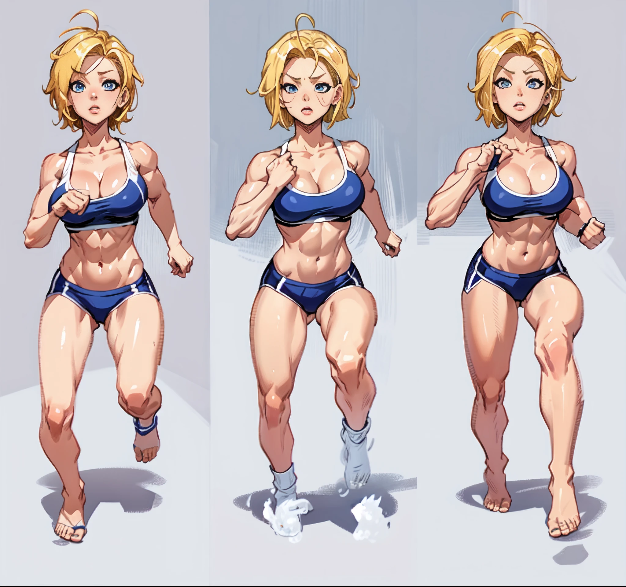 a set of different poses of a same character, character with a bunch of different poses, sprite sheet, characters 8k symmetrical, anime girl figures, spritesheet, sprite sheet walk cycle, 2 d sprite, sprite 2 d, dancing character, blond hair, blond short hair, blue eyes, (((muscular))), huge breasts, thick thighs, solo, angry, (pale skin), running, working out, gym, erotic in all poses, sexy, bare feet, set of high quality hd sprites, spritesheet, intricate, sprite sheet, gif, white background, android 18