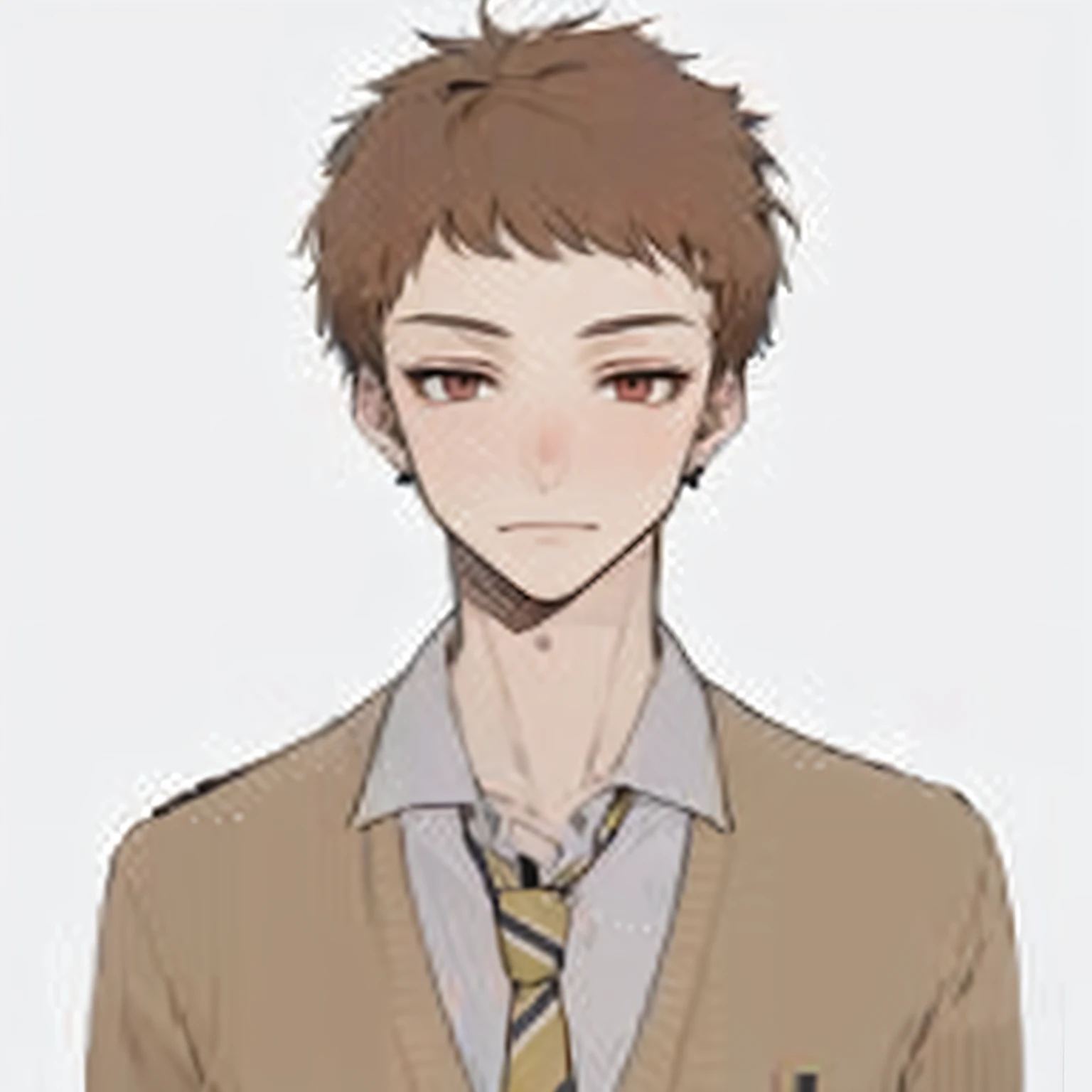 Reddish-brown hair, red eyes，Two-dimensional male high school student with fair skin，Black stud earrings