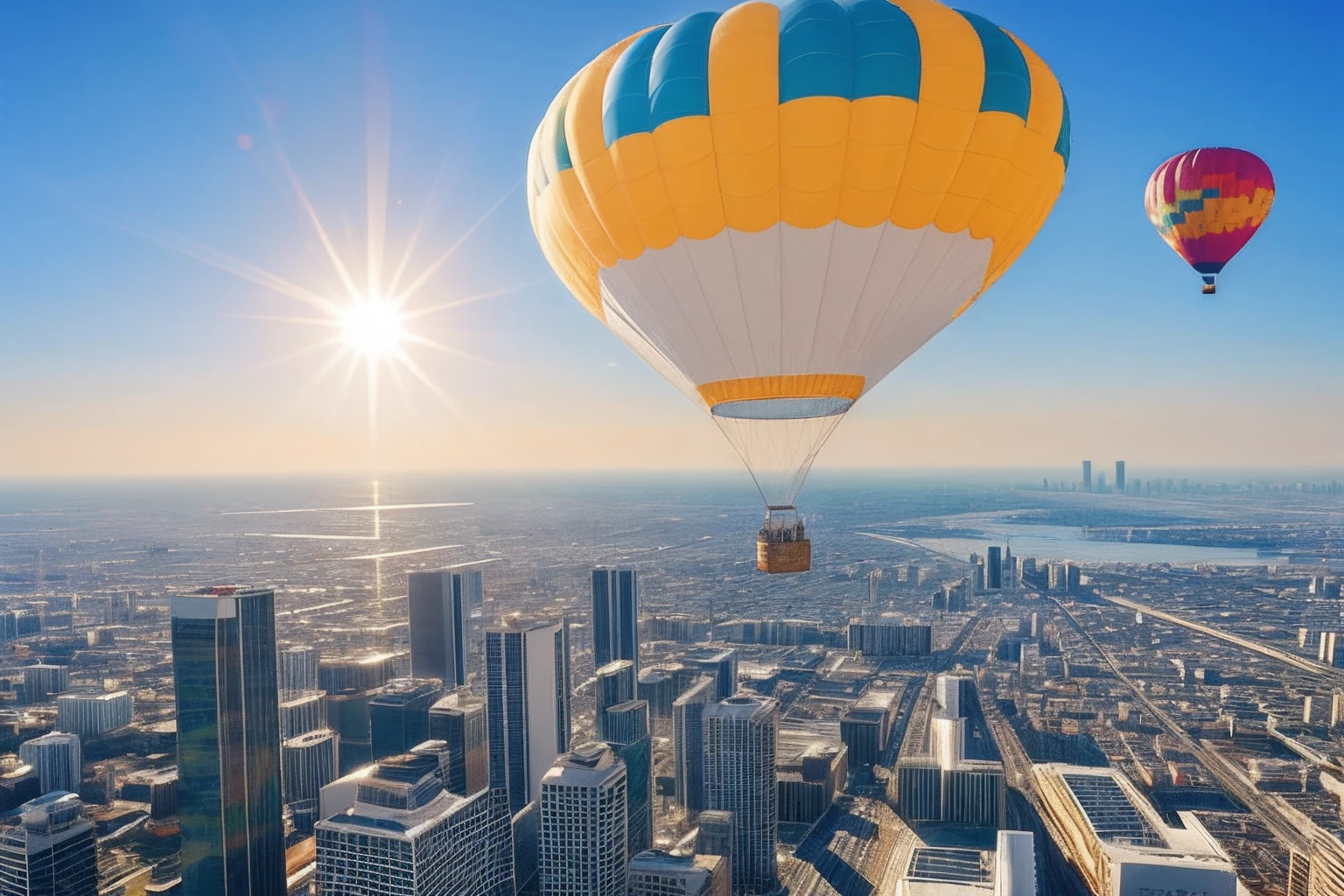 masterpiece, best quality, (realistic:1.3), beautiful girl flies over the crystal city on the balloon, sunshine, god ray, fractal art, crystallineAI, naked