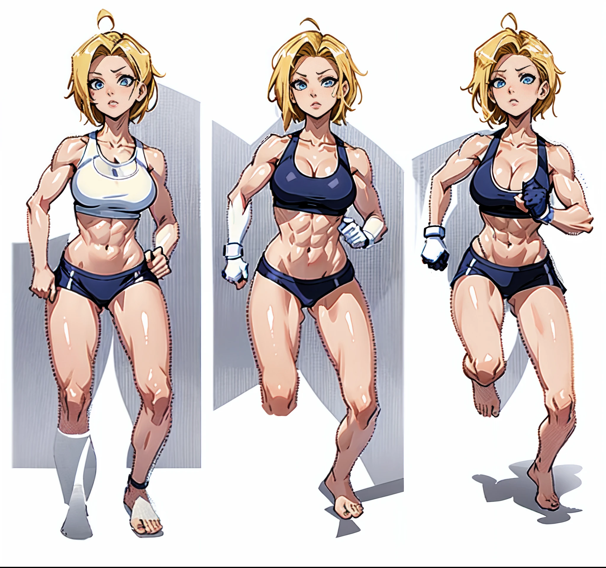 a set of different poses of a same character, character with a bunch of different poses, sprite sheet, characters 8k symmetrical, anime girl figures, spritesheet, sprite sheet walk cycle, 2 d sprite, sprite 2 d, dancing character, blond hair, blond short hair, blue eyes, (((muscular))), huge breasts, thick thighs, solo, angry, (pale skin), running, working out, gym, erotic in all poses, sexy, bare feet, set of high quality hd sprites, spritesheet, intricate, sprite sheet, gif, white background, android 18