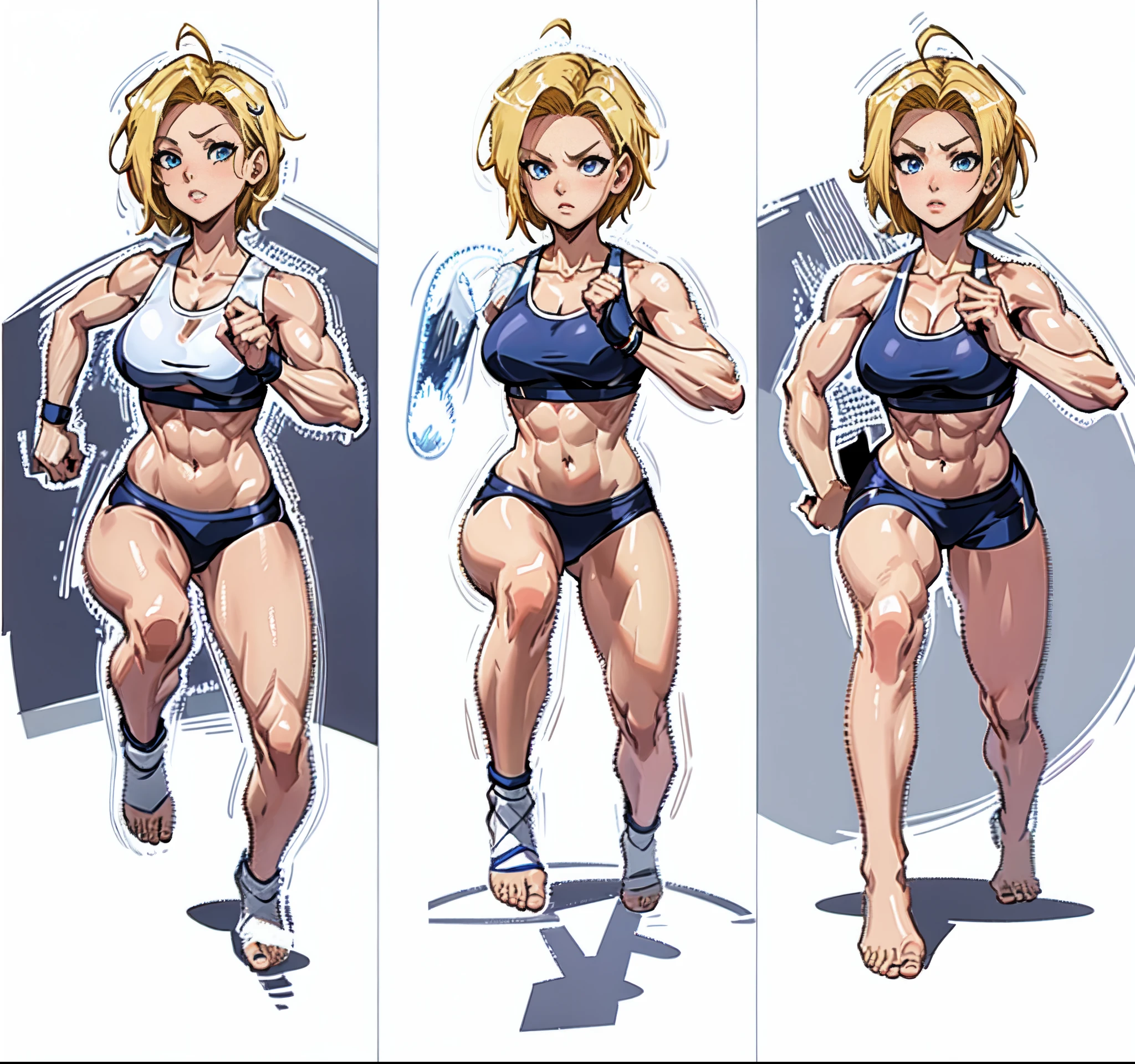 a set of different poses of a same character, character with a bunch of different poses, sprite sheet, characters 8k symmetrical, anime girl figures, spritesheet, sprite sheet walk cycle, 2 d sprite, sprite 2 d, dancing character, blond hair, blond short hair, blue eyes, (((muscular))), huge breasts, thick thighs, solo, angry, (pale skin), running, working out, gym, erotic in all poses, sexy, bare feet, set of high quality hd sprites, spritesheet, intricate, sprite sheet, gif, white background, android 18