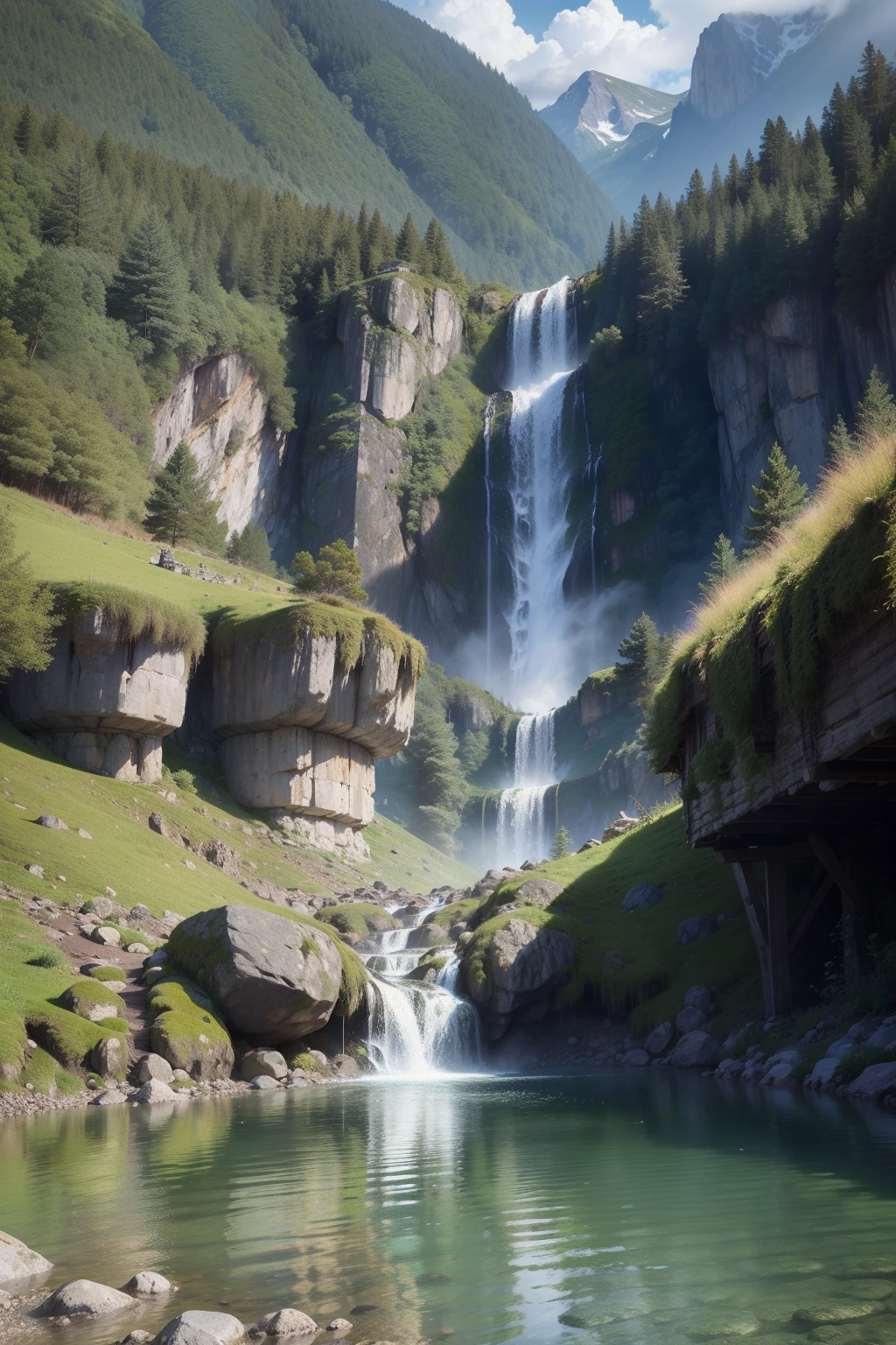Natural scenery,moutain terrain, rich greenery, Fresh and natural, The water is gurgling, Stacked green springs