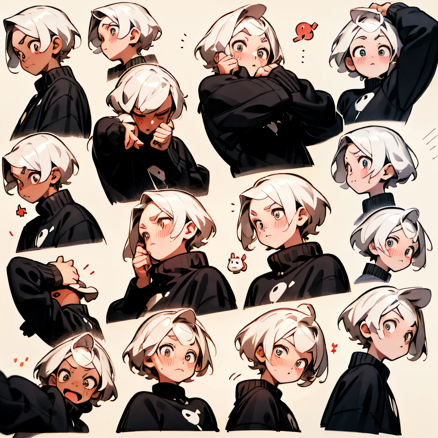 a sticker,Cute boy\(Libido boy\),Simple white background,Cartoon Cute,pink short hair,Black sweatshirt,9,9 emojis,9 poses and expressions,pixar-style,Different emotions,Different expressions,8K