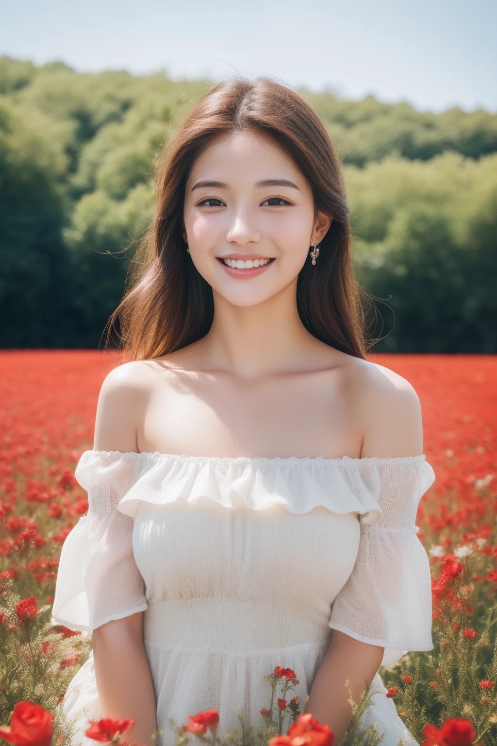 Best quality, masterpiece, ultra high res, (photorealistic:1.4), raw photo, 1girl, off shoulder, blossom rose flower field, glowing skin, light smile