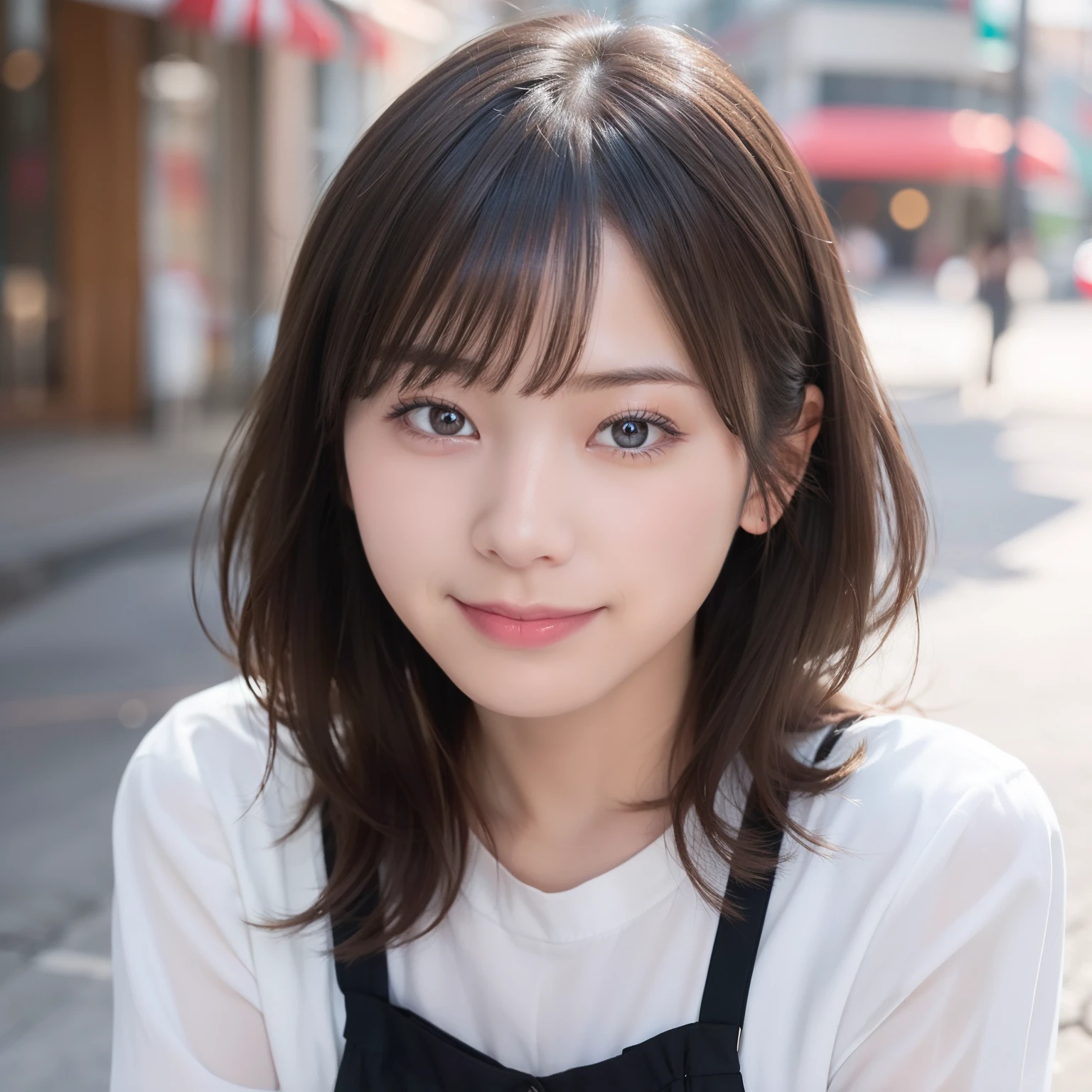 in 8K,Best Quality:1.4, 超A high resolution:1.5, (Photorealistic:1.4),masterpiece:1.2,(top-quality:1.4)、 Raw photo、 (the background is blurred), 1日本人の女の子, Cute, (Solo:1.4), (Shy smile), Smooth skin、 (Brown medium hair,Bangs),nogizaka,Supple fingertips,Beautiful black eyes、dual、natural skin textures:1.3, realistic eyes and face details:1.7、middlebreasts、during daytime、Toned buttocks:1.5、gazing at viewer,The photographer is3mpostpone, Upper body:1.8,(detailed hairs:1.1), (Detailed eyes:1.1)、cute little、Date scene、Dating Men、I'm a girl、Date Clothes、Cute clothes