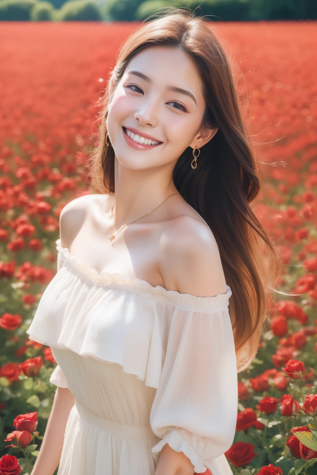 Best quality, masterpiece, ultra high res, (photorealistic:1.4), raw photo, 1girl, off shoulder, blossom rose flower field, glowing skin, light smile