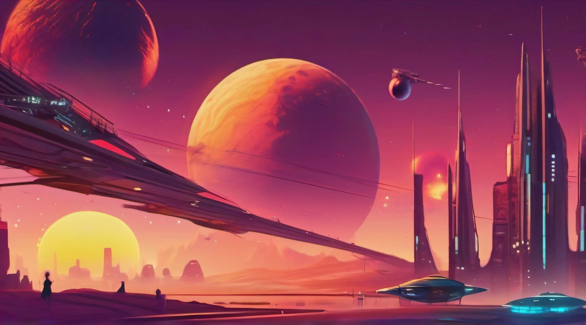 cyberpunk city on an alien planet, with multiple moons, with spaceships passing by