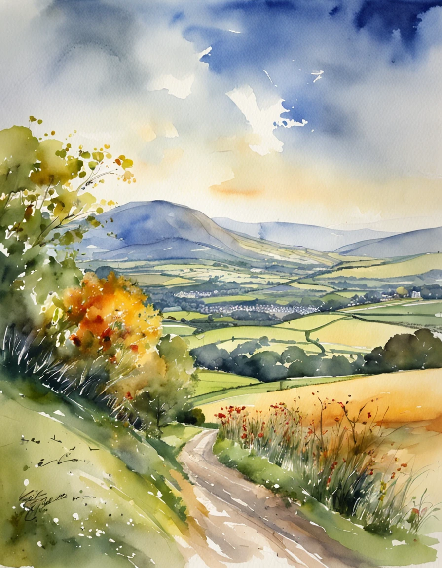 A detailed watercolour painting of The Ochil Hills in Central Scotland looking from the town of Fishcross