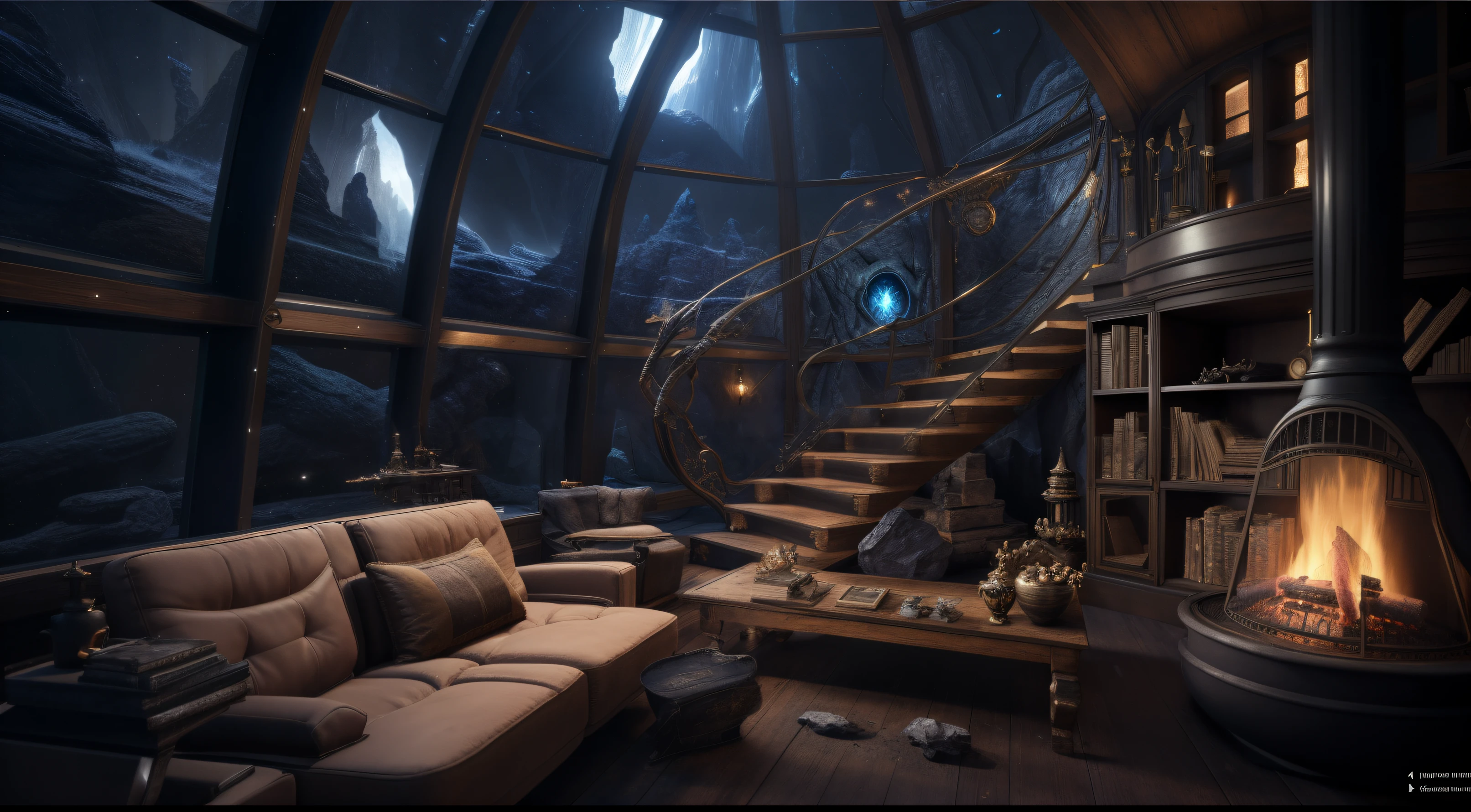 Araffed living room with fireplace and stairs, cozy place, surreal sci fi set design, cinematic render unreal engine, Unreal Engine renders concept art, rendered in unreal 5, illusory engine ; romantic motifs, unreal 5 engine highlly render, Masking Paint Unreal Engine, cozy environment, movie environment design, unreal 5 engine render, 8 K high detail concept art