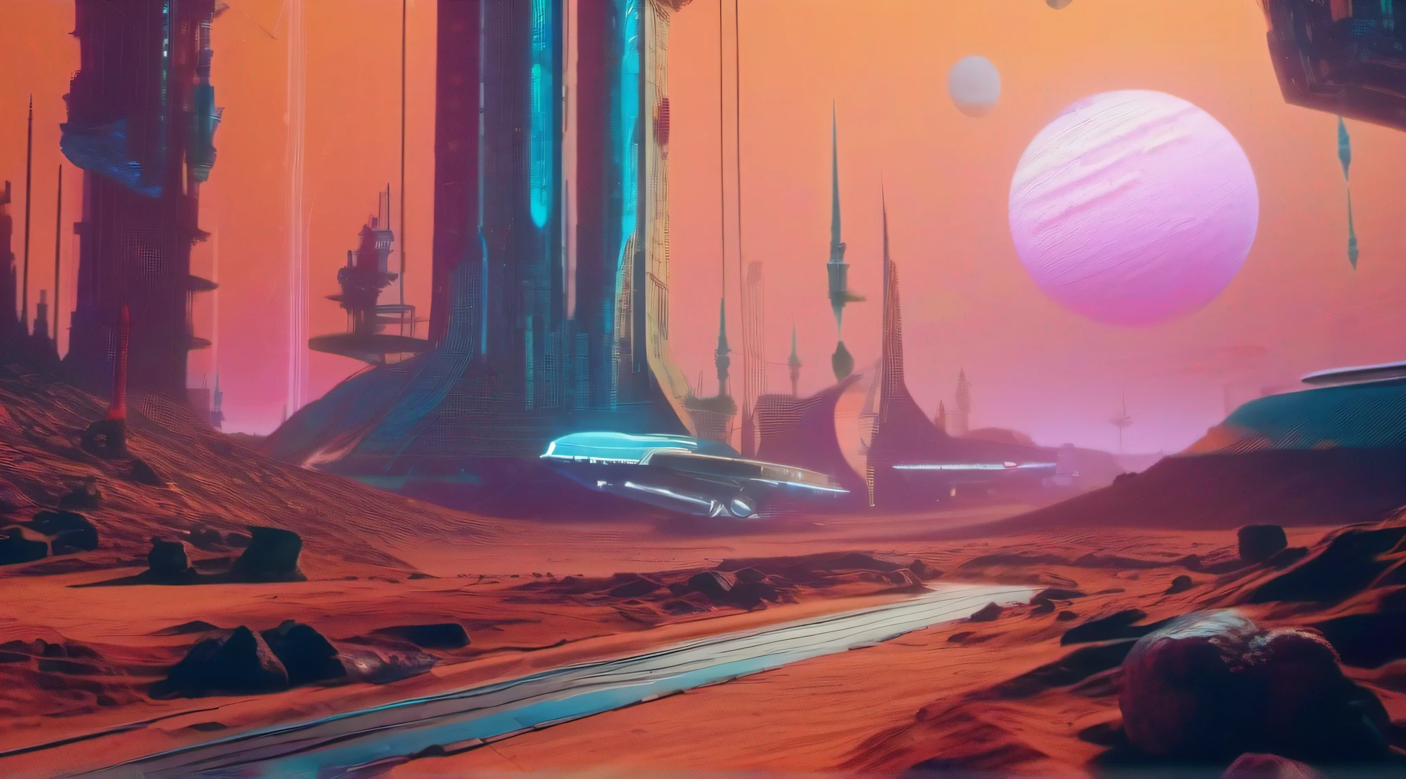 cyberpunk city on an alien planet, with multiple moons, with spaceships passing by