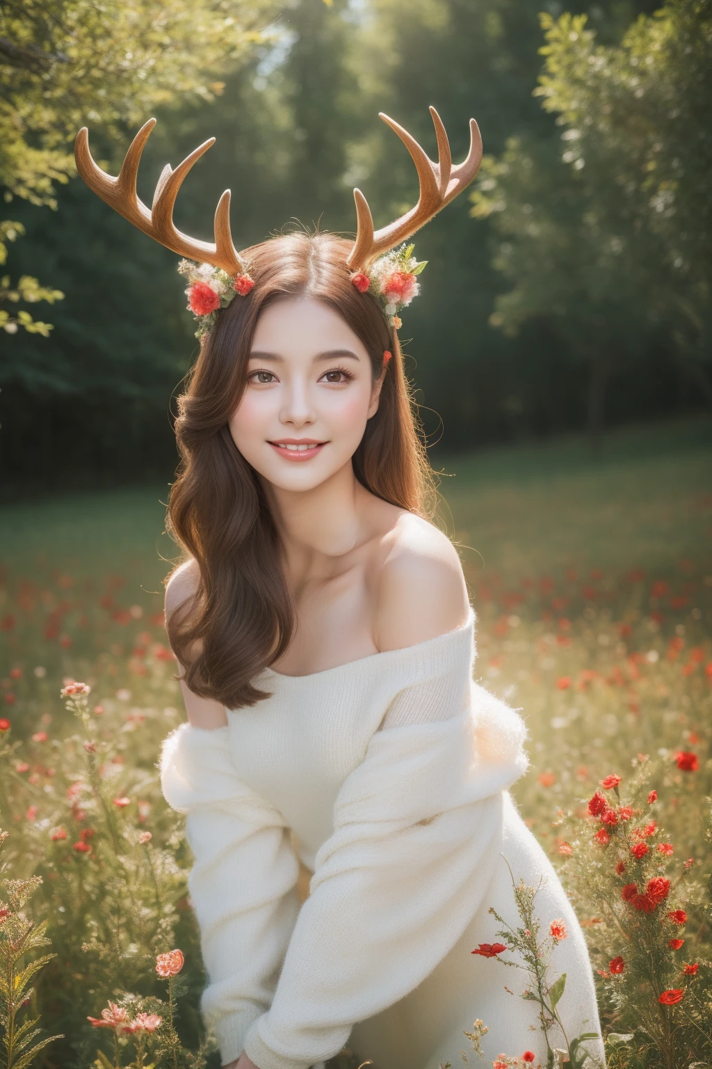 Best quality, masterpiece, ultra high res, (photorealistic:1.4), raw photo, 1girl, off shoulder, blossom rose flower field, glowing skin, light smile,deer costume,antlers,soft brown fur,graceful,nature-themed gathering,