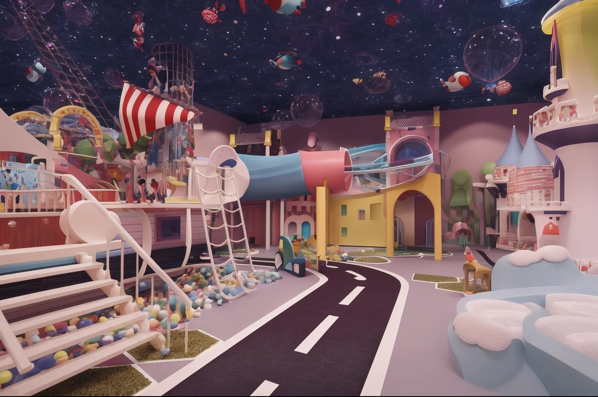 There is a room with a play area and play area, in a candy land style house, detailed photo of virtual world, amusement park interior design, virtual metaverse room, complex 3d scene, 3 D 插图, 3D illustration, 3D scene, 3d scene, kawaii hq render, 3D environment, 3 d stylize scene