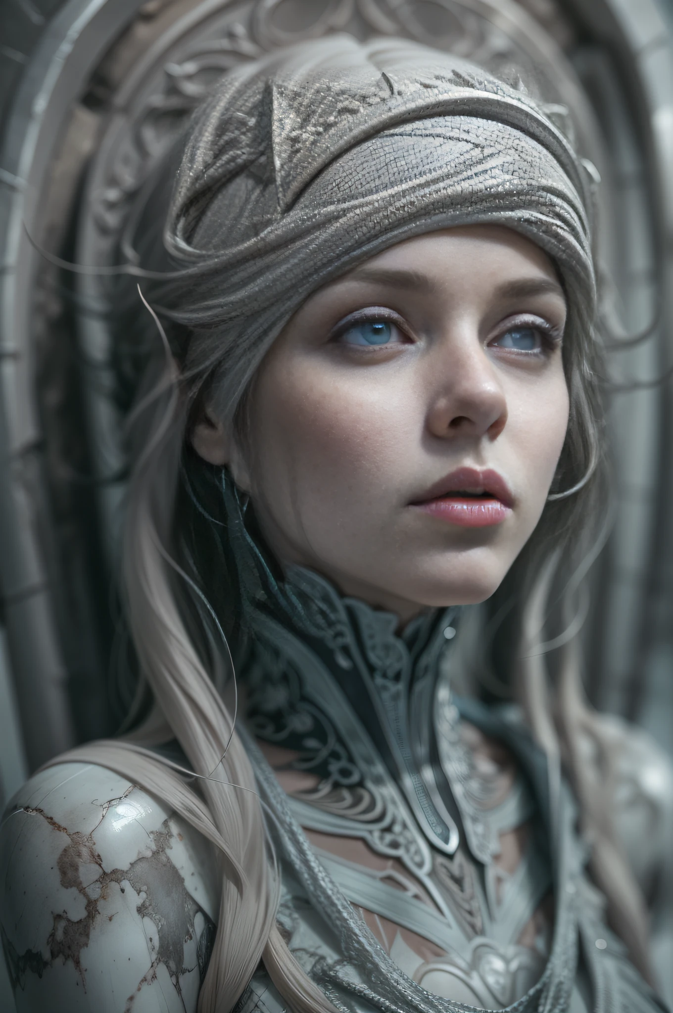 Masterpiece,Gray marble,sculptor, Escultura, Cracked marble:0.4,1 woman ,Marble statue of,action figure, Giger, full bodyesbian,Marble cut countertop,back Lighting, Realistic portrait, Symmetrical, Strong, intricate drawing, Highly detailed , Digital painting, Art Station, concept-art, Fluid, Sharp focus, Light gray skin, pale colored eyes.