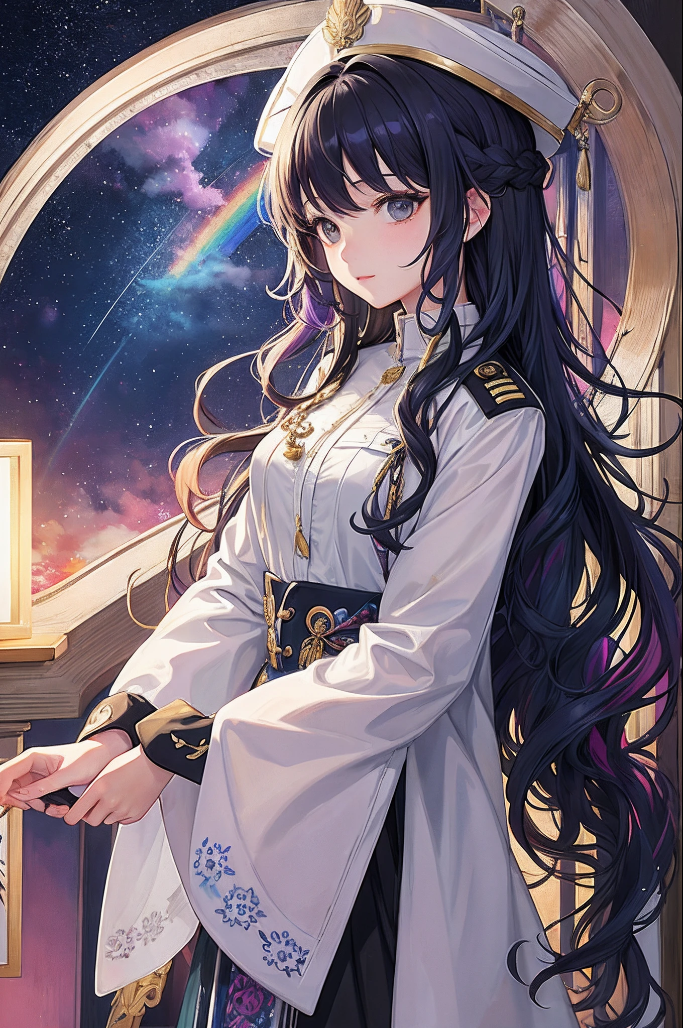(masterpiece、top-quality、top-quality、watercolor paiting(Curly)、Official art、Beautifully Aesthetic:1.2)、(1girl in:1.3)、(Fractal Art:1.3)、((police uniform with))、The upper part of the body、From Side、looking at the viewers、patterns、(rainbow-colored hair、colourful hair、Half white and half black hair:1.2)、Eau、liquids、clouds、colourfull、starrysky、stele、
