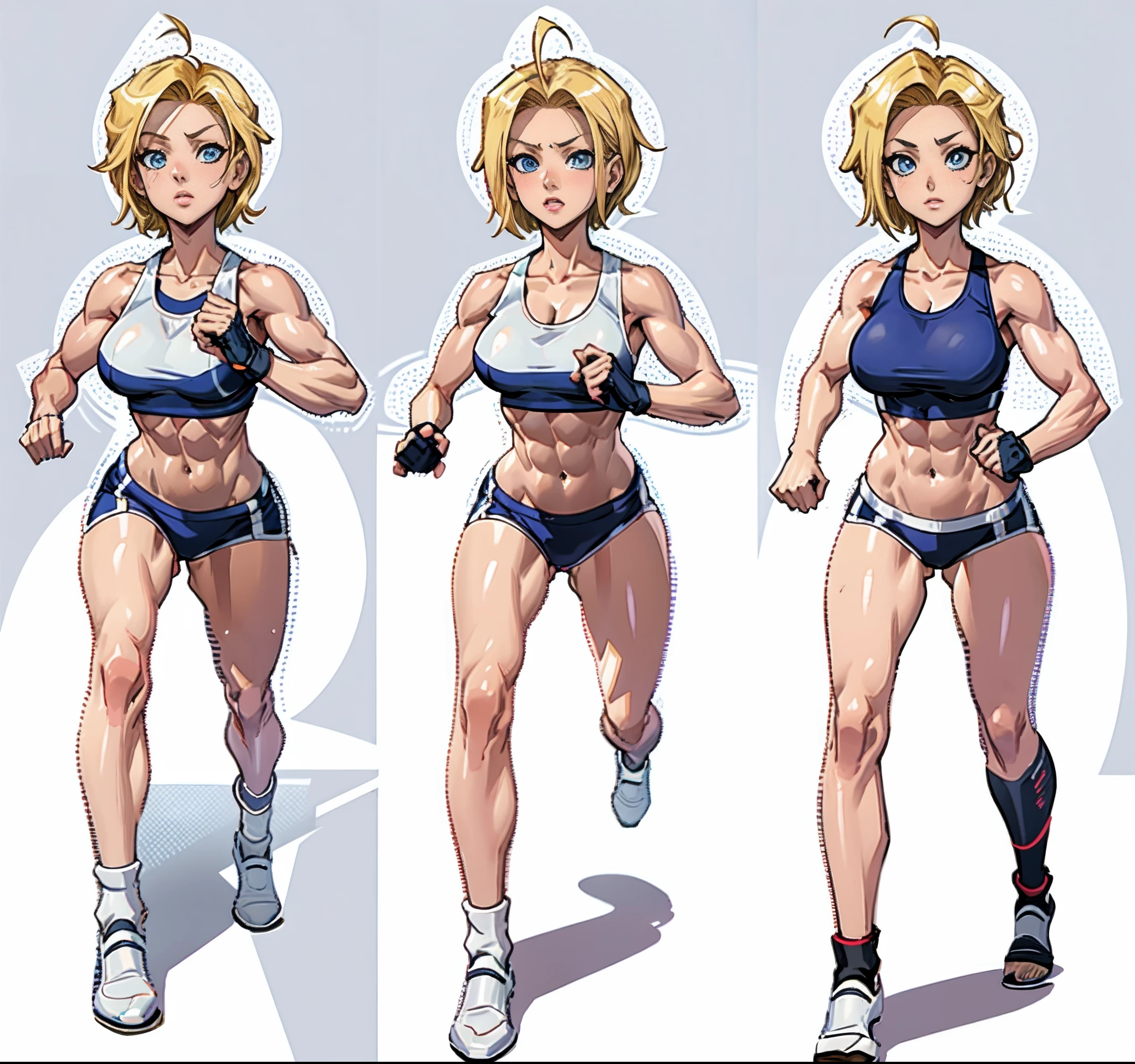 a set of different poses of a same character, character with a bunch of different poses, sprite sheet, characters 8k symmetrical, anime girl figures, spritesheet, sprite sheet walk cycle, 2 d sprite, sprite 2 d, dancing character, blond hair, blond short hair, blue eyes, (((muscular))), huge breasts, thick thighs, solo, angry, (pale skin), running, working out, gym, erotic in all poses, sexy, bare feet, set of high quality hd sprites, spritesheet, intricate, sprite sheet, gif, white background, android 18