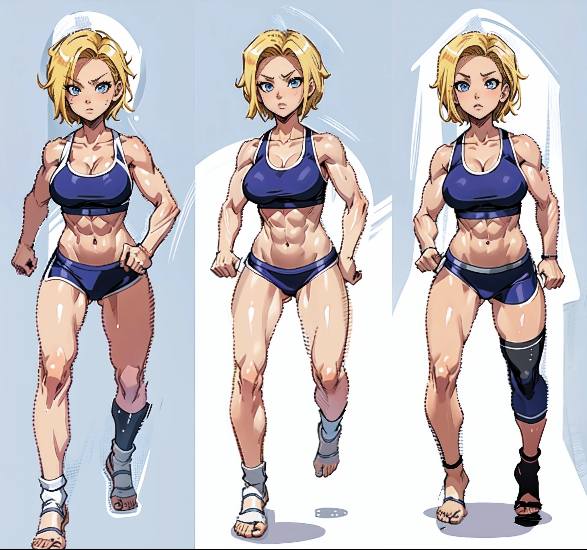 a set of different poses of a same character, character with a bunch of different poses, sprite sheet, characters 8k symmetrical, anime girl figures, spritesheet, sprite sheet walk cycle, 2 d sprite, sprite 2 d, dancing character, blond hair, blond short hair, blue eyes, (((muscular))), huge breasts, thick thighs, solo, angry, (pale skin), running, working out, gym, erotic in all poses, sexy, bare feet, set of high quality hd sprites, spritesheet, intricate, sprite sheet, gif, white background, android 18