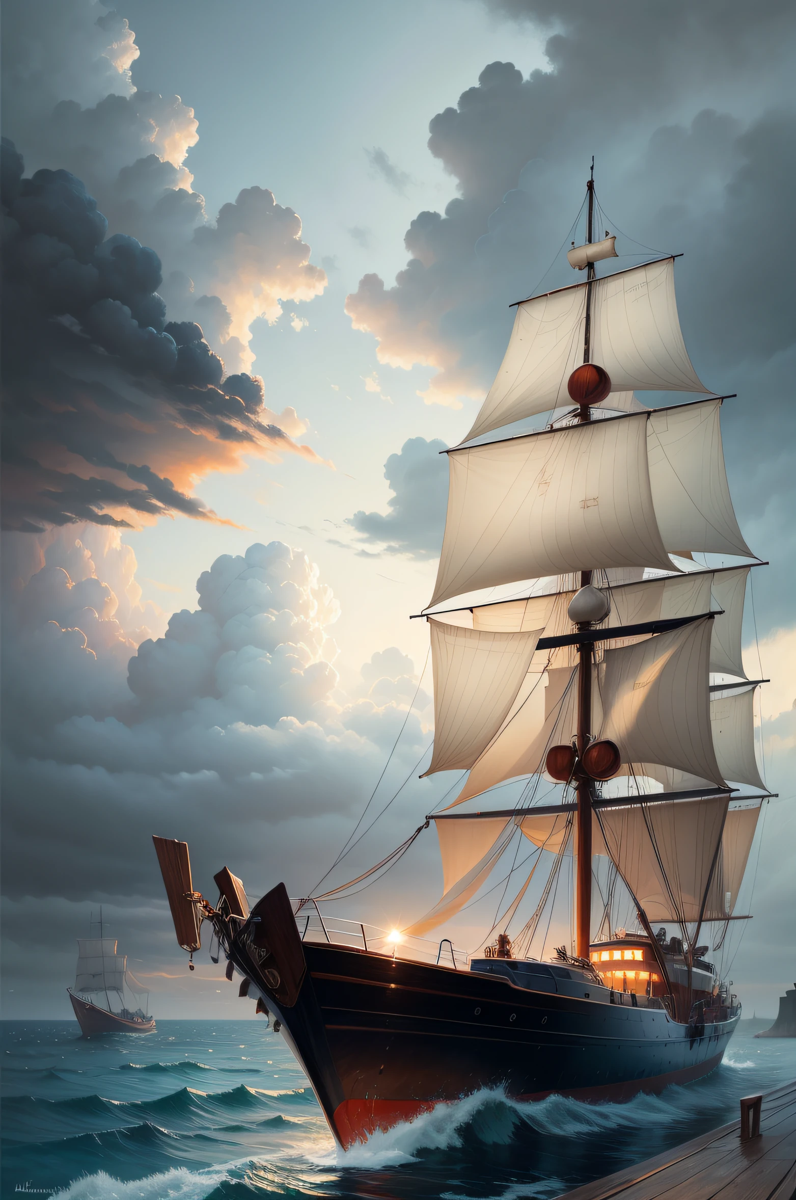 The boat is docked and the roof is lowered
Sparse rain and sea warm the horizon - Oil painting, fantasy