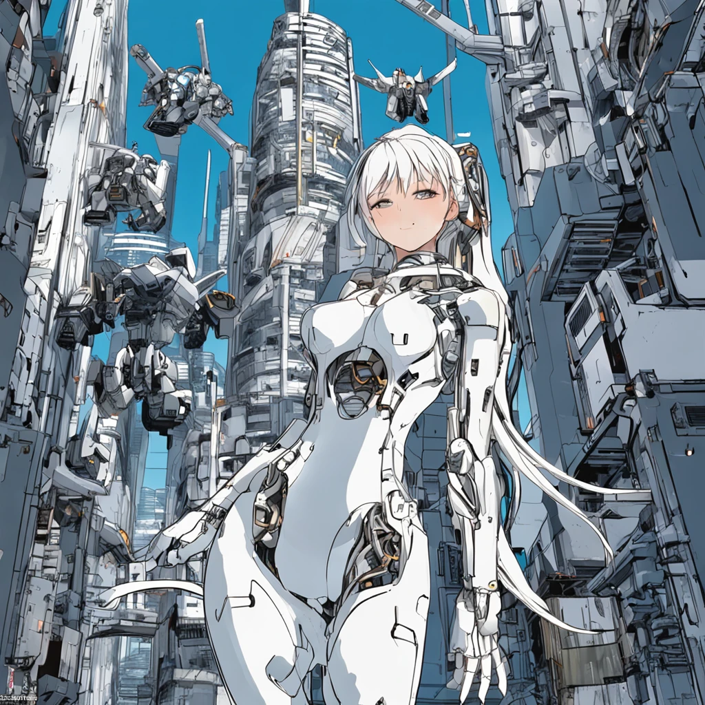 Do lado、qualidade superior、The is very detailed、tmasterpiece、Ultra - Detalhado、illustratio、((1girl em))、Cabelos Prateados、long, whitish hair、cabelos flutuantes、exoesqueleto leotard、mechas、cyber city、Neon building、(a parte superior do corpo:1.05)、extremamente_circunstanciado_olho_e_rosto,Wings of cybernetics、Mechanical wing、postura de luta、highrise、、Mecha Musume、Maiden Shrine, T