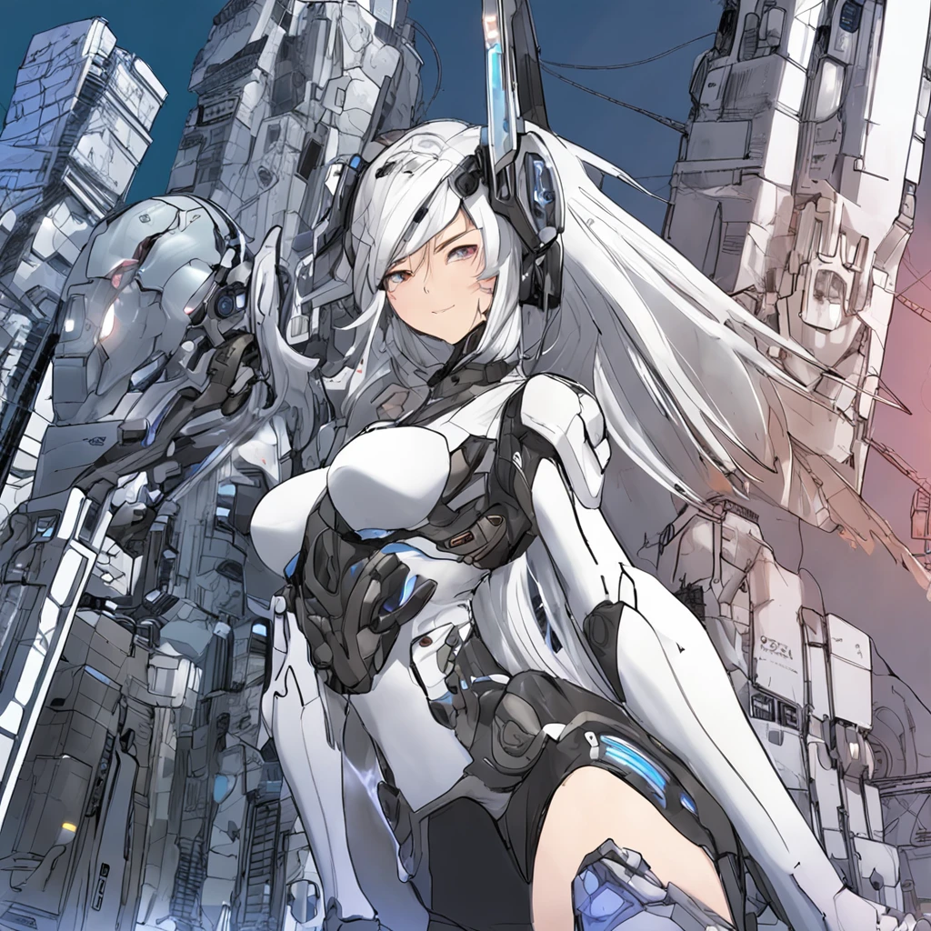 Do lado、qualidade superior、The is very detailed、tmasterpiece、Ultra - Detalhado、illustratio、((1girl em))、Cabelos Prateados、long, whitish hair、cabelos flutuantes、exoesqueleto leotard、mechas、cyber city、Neon building、(a parte superior do corpo:1.05)、extremamente_circunstanciado_olho_e_rosto,Wings of cybernetics、Mechanical wing、postura de luta、highrise、、Mecha Musume、Maiden Shrine, T