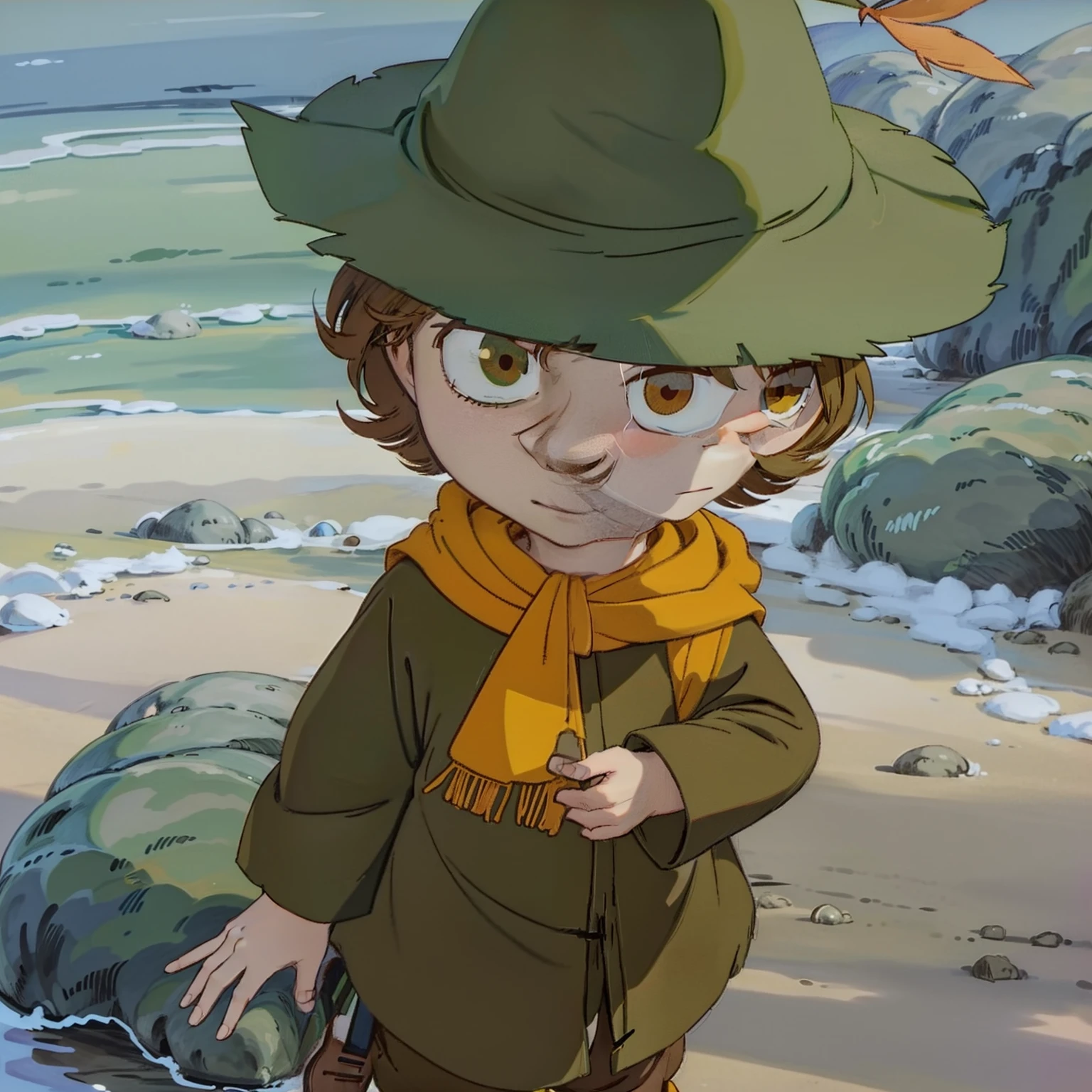 Snufkin, 1boy, short brown hair, pointy nose, green coat, green pants, brown boots, green hat with yellow feather, yellow scarf, dark brown eyes, perfect anatomy, solo, portrait, better face, better hands