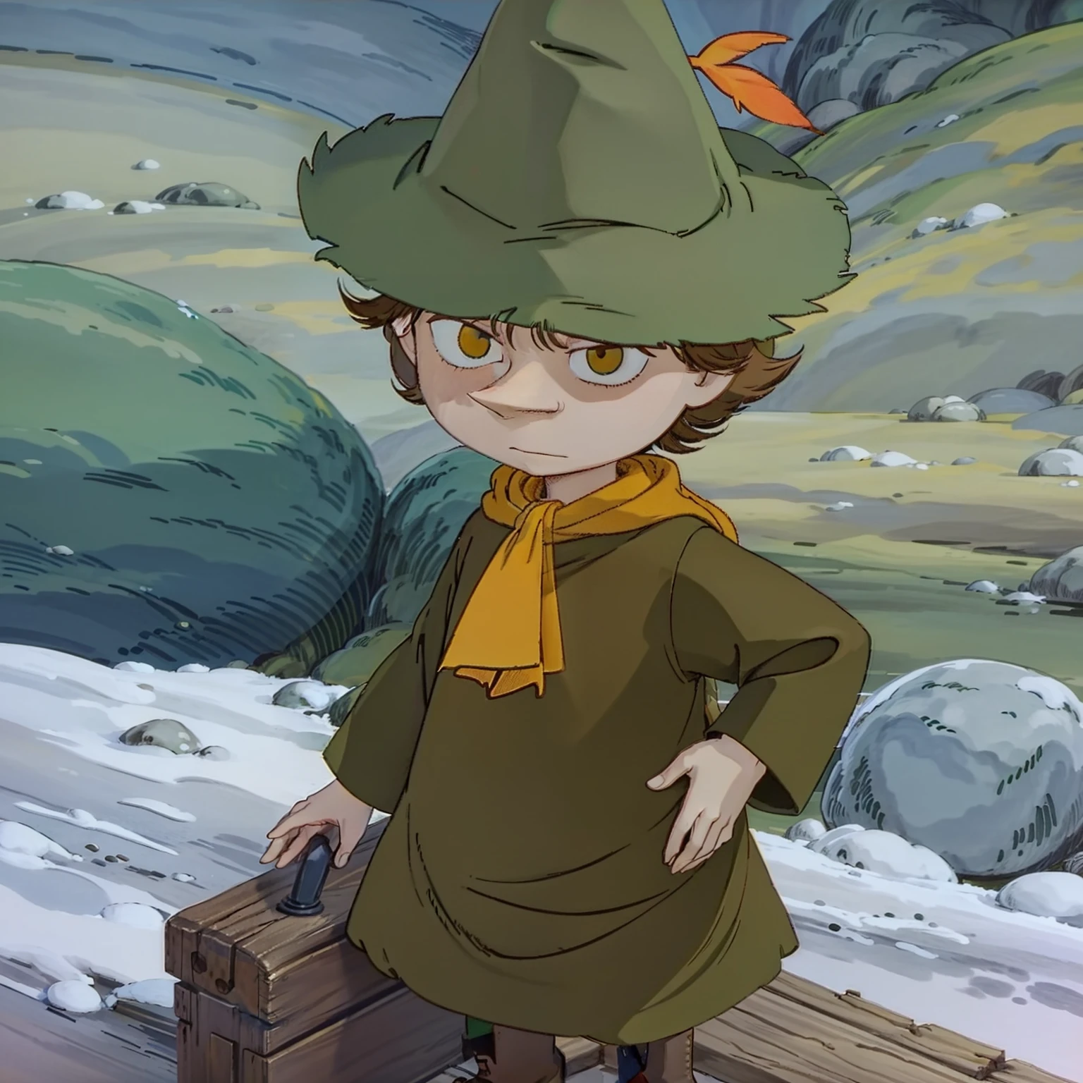 Snufkin, 1boy, short brown hair, pointy nose, green coat, green pants, brown boots, green hat with yellow feather, yellow scarf, dark brown eyes, perfect anatomy, solo, portrait, better face, better hands