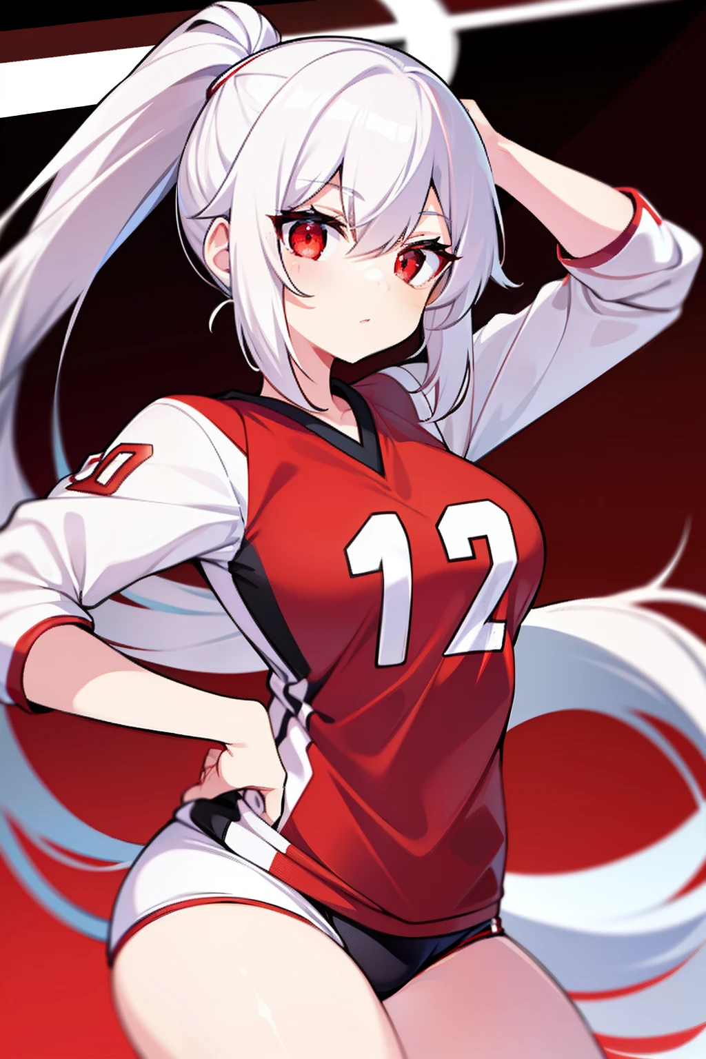 Kizi,Red eyes,White hair, female, volleyball jersey,