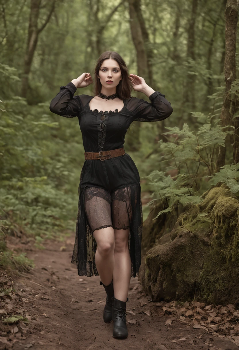 nтусклое освещение, Eine Frau ertrinkt in einem Moor, eine nahaufnahme eines, Realistisches Fantasy-Rendering in einem Sumpf, matte painting portrait photo, Ein realistisches Foto, (Lust:1.2), Minirock, Black stockings with garters, Lederjacke, Lederstiefel, (in a pose of sexual submissiveness:1.7)