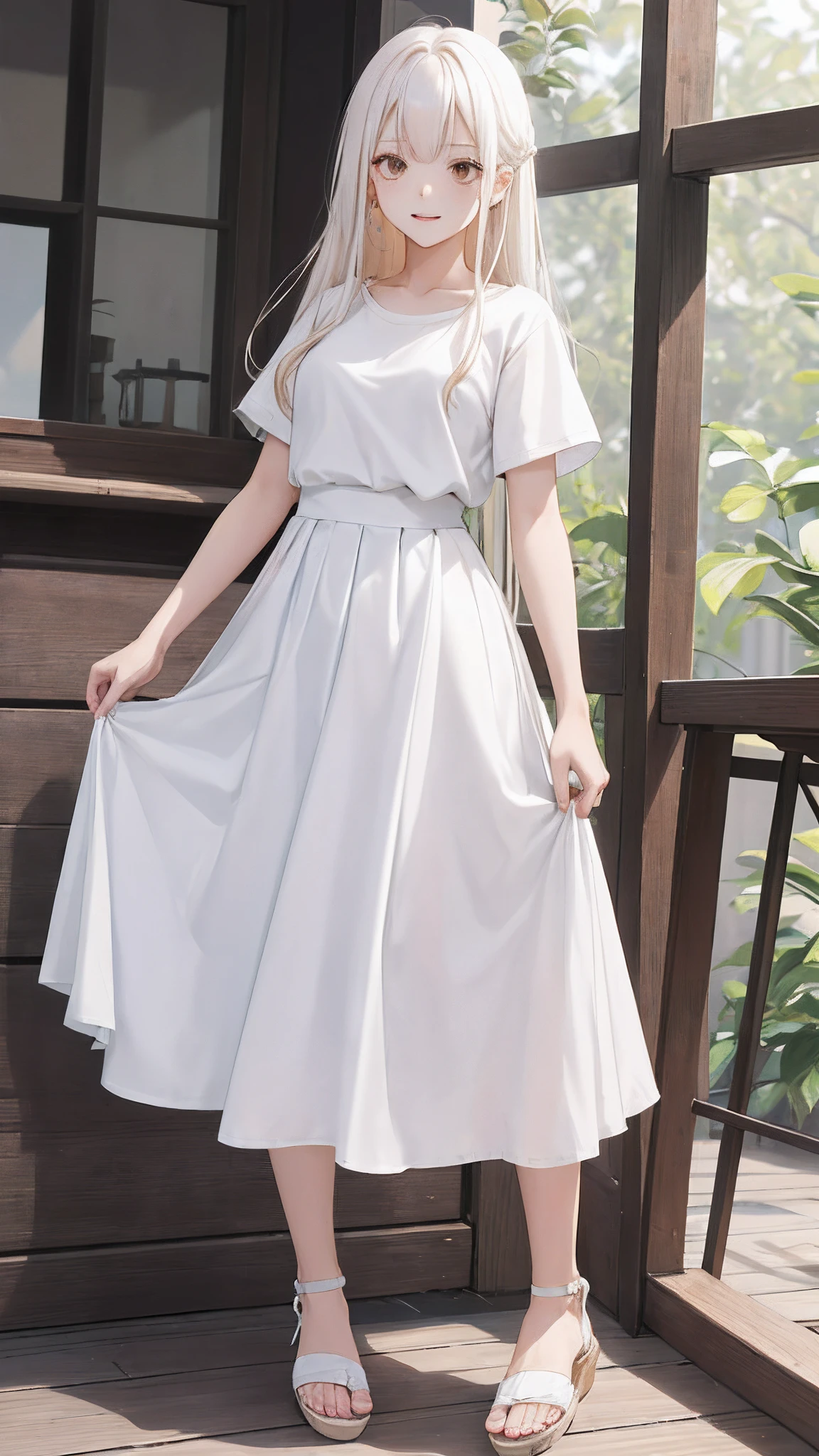 (masutepiece), (Best Quality), {girl|Lady}, Looking at Viewer, {day|Night}, {Indoors|Outdoors},
long cream-colored hair、Sharp face、white t-shirts、Denim long skirt、White platform sandals、Seductive facial expressions