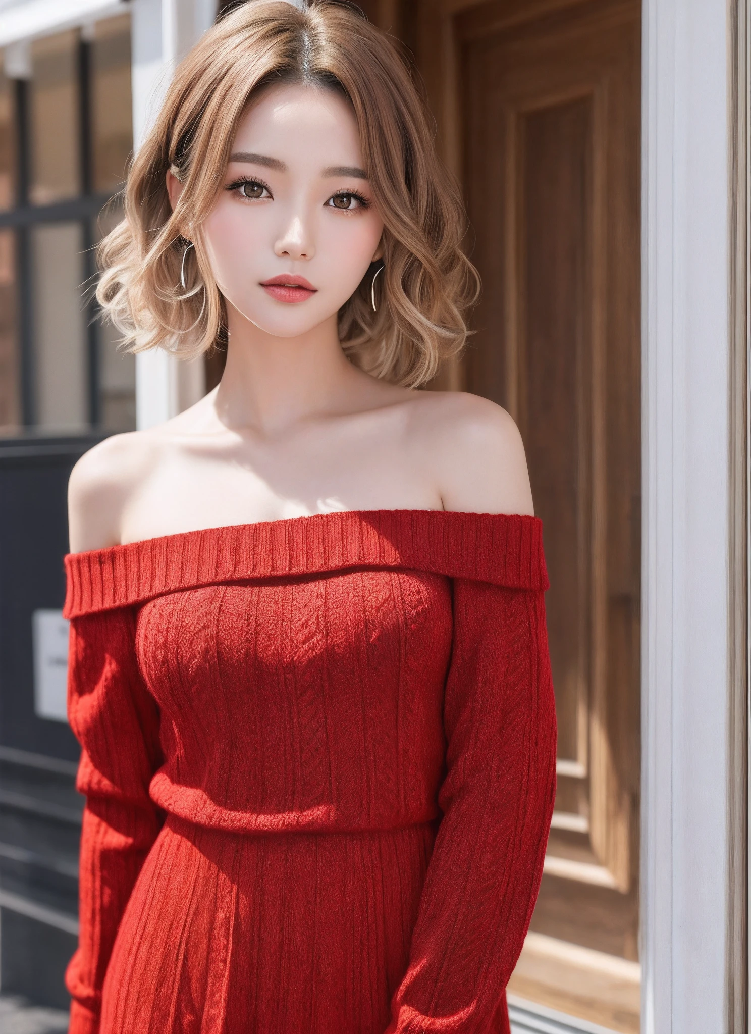 ((masterpiece、top-quality、8K))、1 female、Fashionable streets of Paris、Fashionable hairstyles、Trendy hairstyles for Japan in 2023、Wolfcut、Hair about the length of the collarbone、shorth hair、High Layer Hairstyles、Beige brown hair color、Hair color with silver highlights、(Off-the-shoulder red knitted dress)、Red knitted dress、Posing like a model、adult woman, 28 years old、A slender、Korean model like、small tits、Detailed skin、Highlight Hairstyles