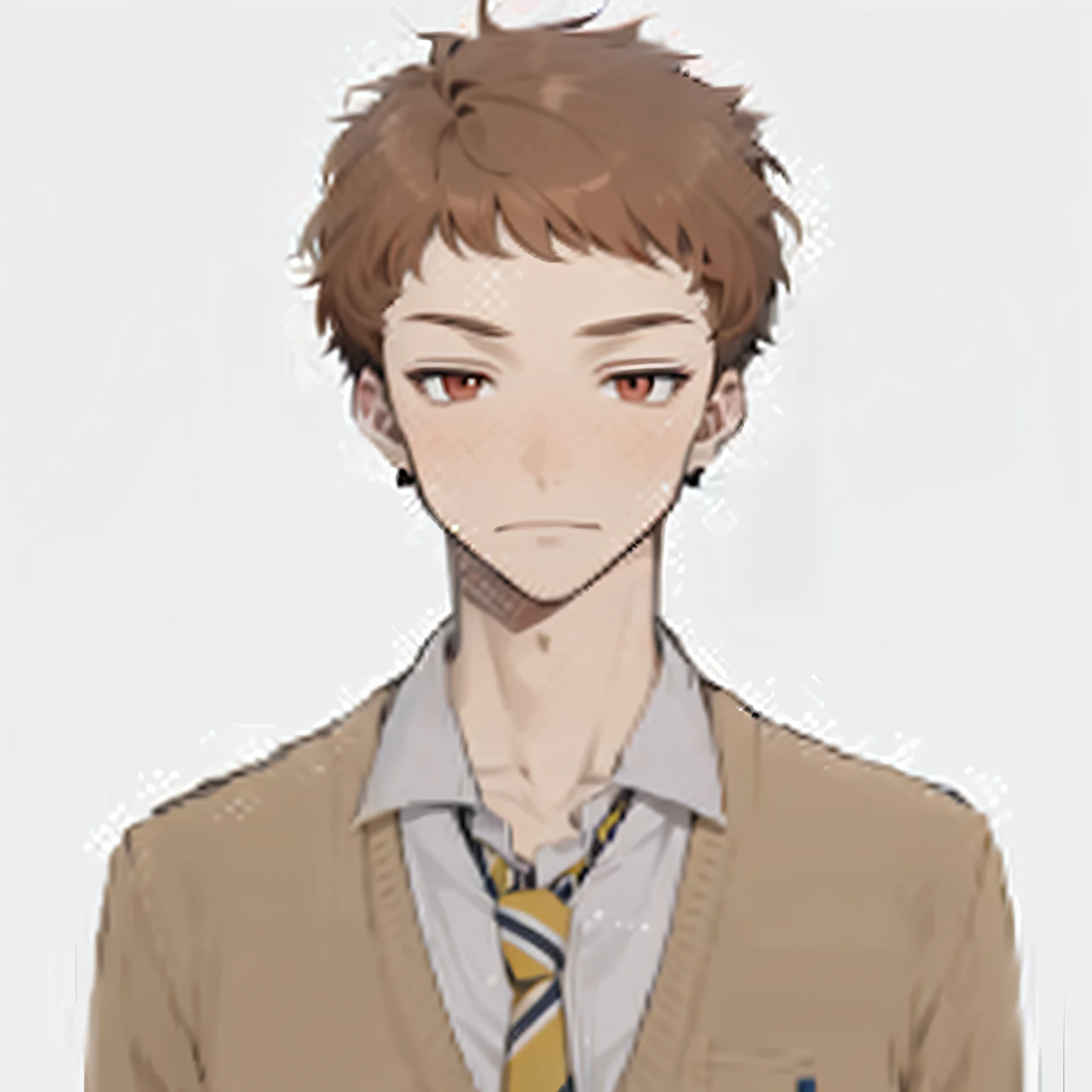 Reddish-brown hair, Red eyes,Two-dimensional male high school student with fair skin,Black round stud earrings,slight scowl