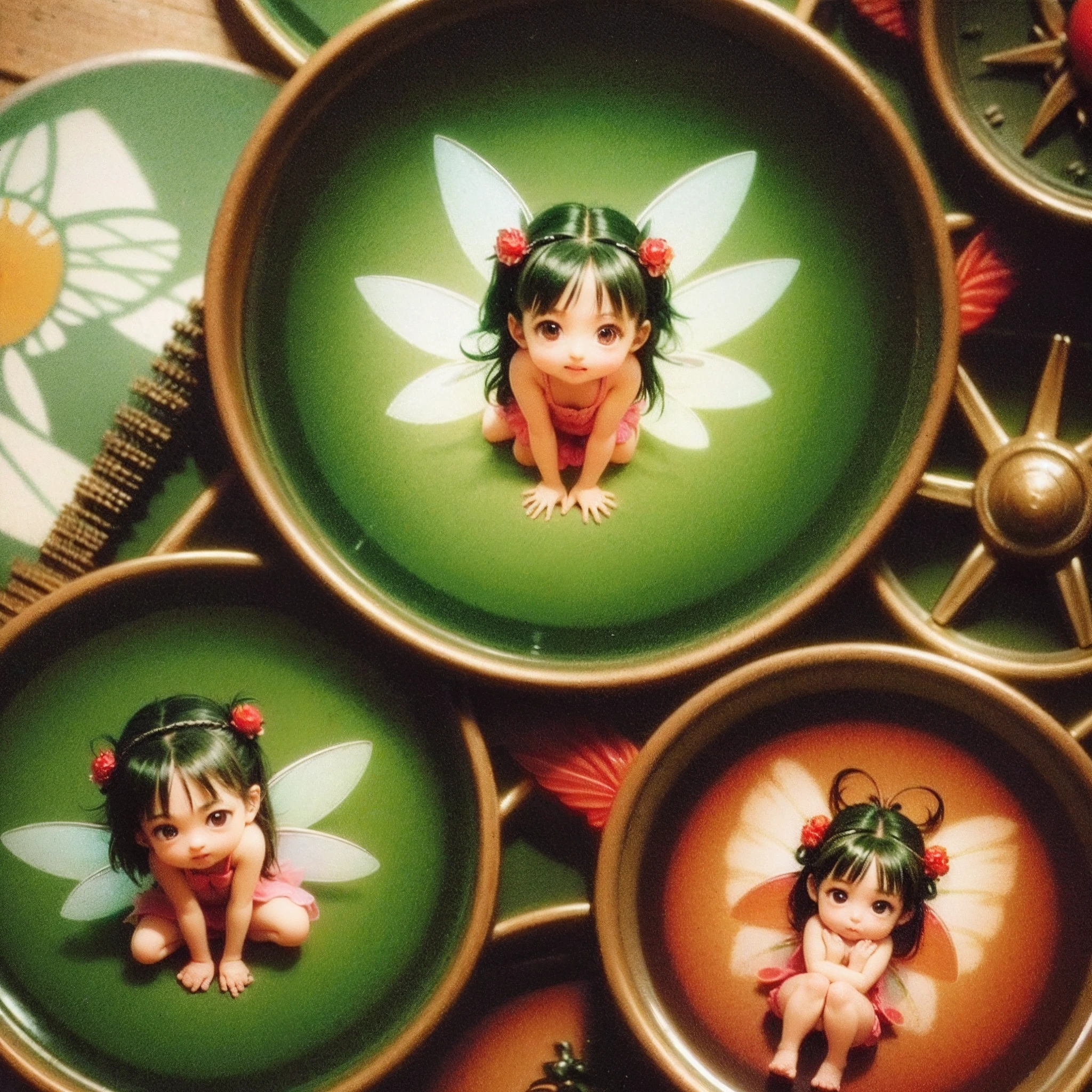 chibi, kawaii, tiny, Little fairy in a large glass jar, Lined mini tomatoes, Inside the glass jar is a pile of mini tomatoes, (Wearing fairy wings of sun material:1.5), pare Green hair, Red Eyes, topknot, Tomato hair ornament, Highly detailed drawings. Vivid colors. High image quality.