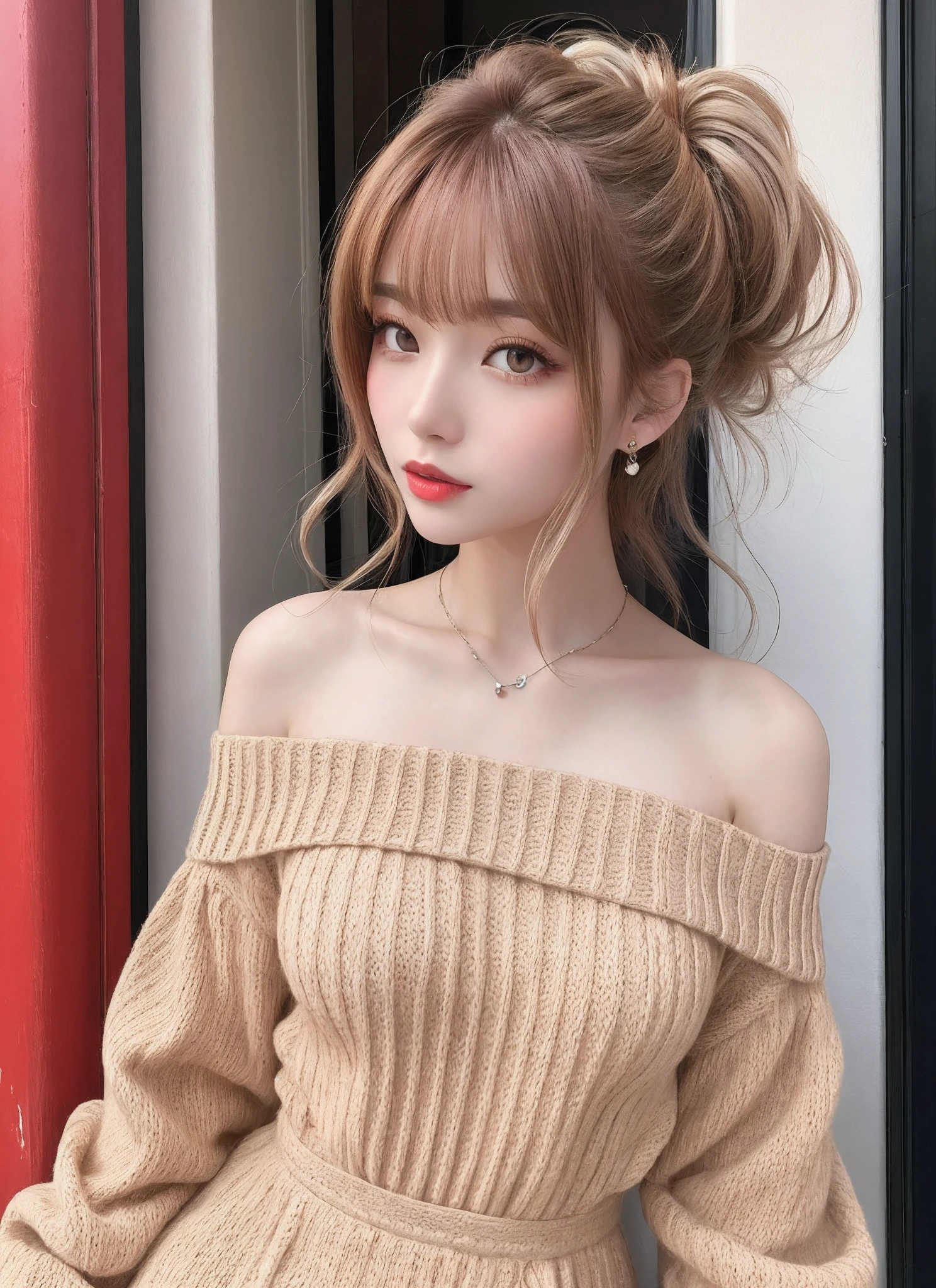 ((masterpiece、top-quality、8K))、1 female、Fashionable streets of Paris、Fashionable hairstyles、Trendy hairstyles for Japan in 2023、Wolfcut、Hair about the length of the collarbone、shorth hair、High Layer Hairstyles、Beige brown hair color、Hair color with silver highlights、(Off-the-shoulder red knitted dress)、Red knitted dress、Posing like a model、adult woman, 28 years old、A slender、Korean model like、small tits、Detailed skin、Highlight Hairstyles