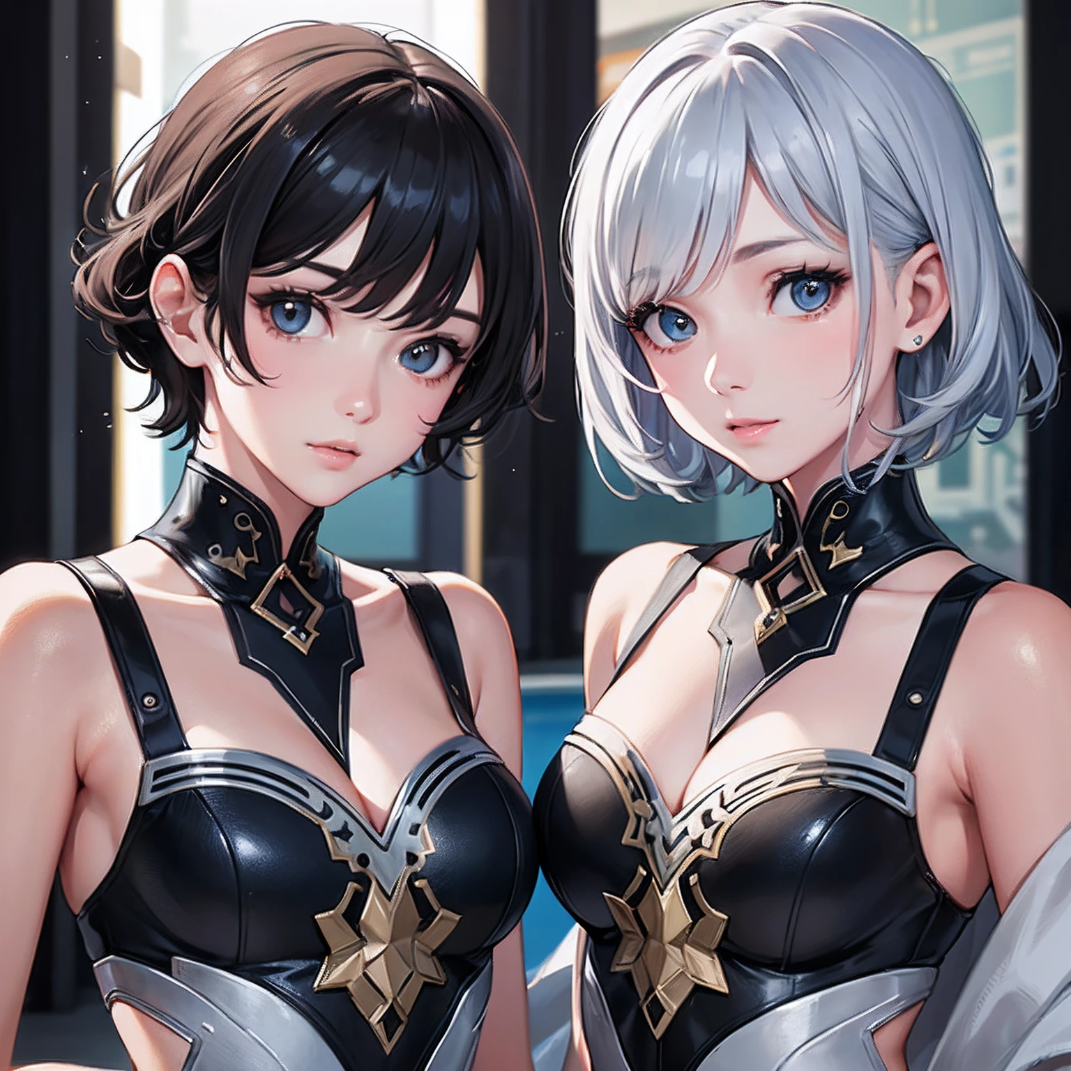 brown hair,The hair is not very long,There is a relatively long lock of hair on the left and right,Blue-green eyes,On the forehead there are two main bodies that are black and the tips are blue horns,Black cat ears