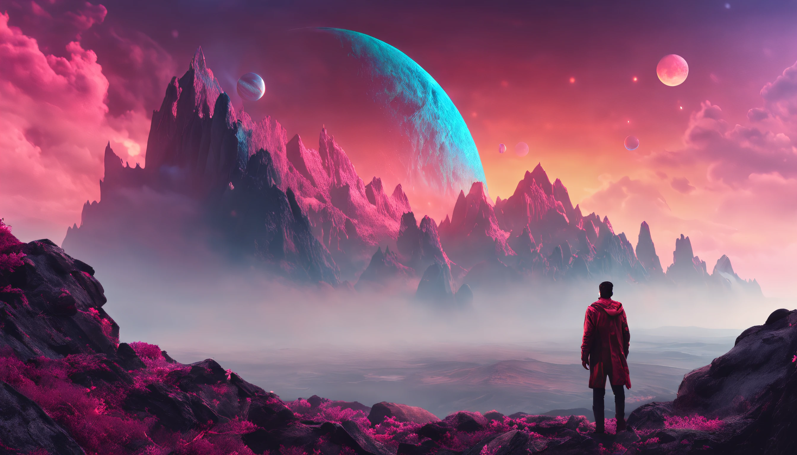 arafed view of a man standing on a rocky mountain with a planet in the background, concept art wallpaper 4k, 4k highly detailed digital art, 8k hd wallpaper digital art, hq 4k phone wallpaper, 8k stunning artwork, wallpaper 4 k, wallpaper 4k, artgem and beeple masterpiece, 4 k hd illustrative wallpaper