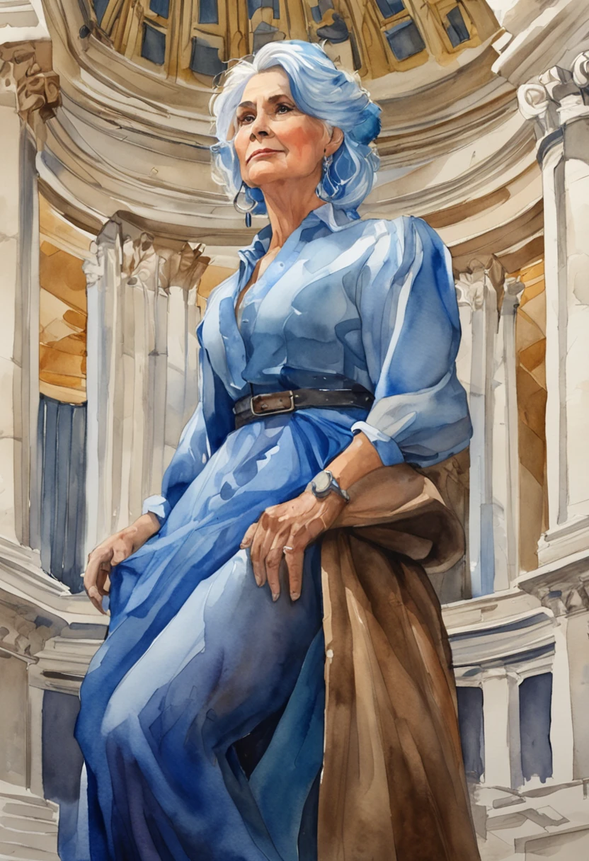 Low angle shot of blue-haired woman standing in the center of the Capitol, When she talks about her heritage、Her voice rings with pride and strength.