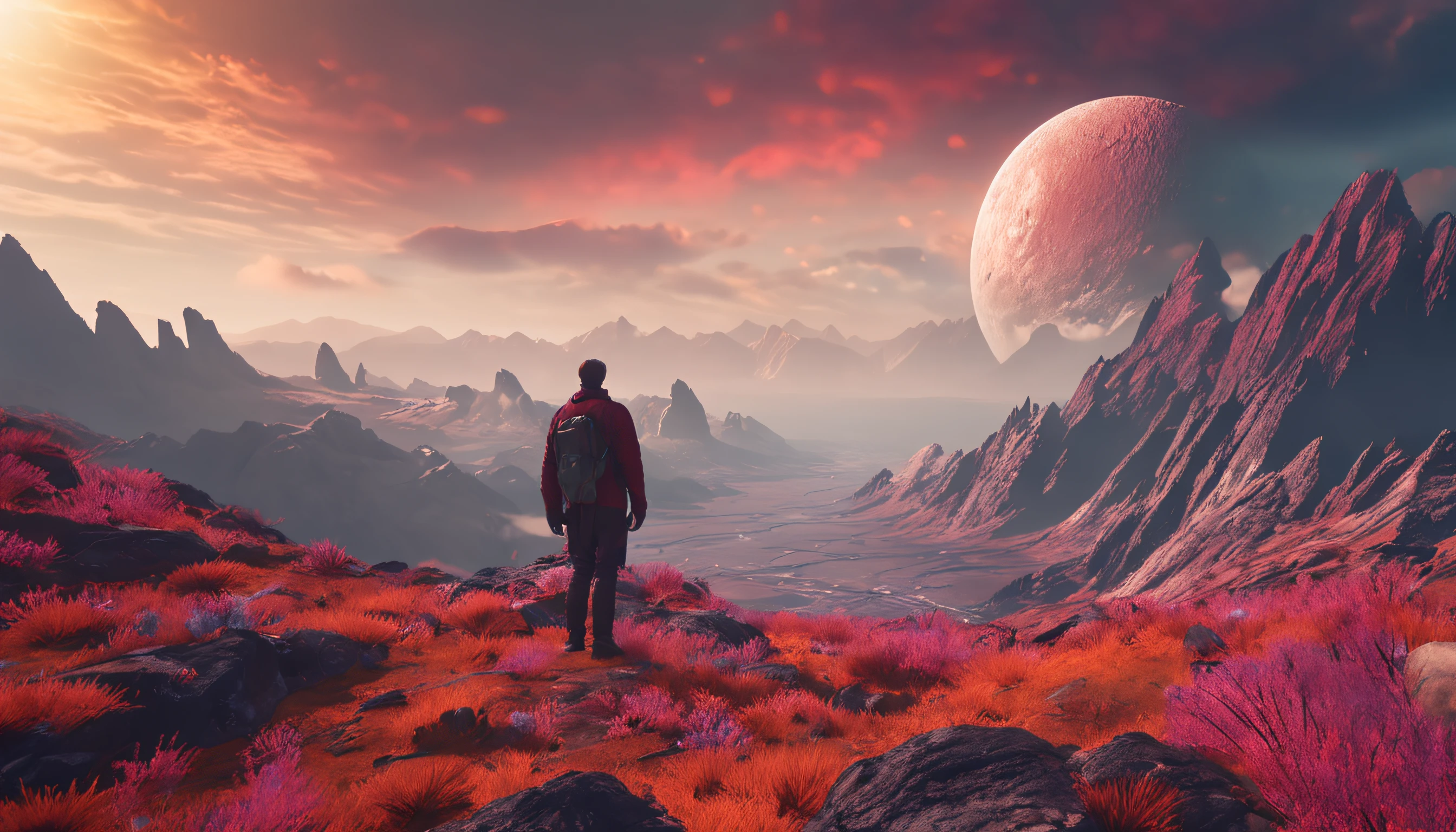 arafed view of a man standing on a rocky mountain with a planet in the background, concept art wallpaper 4k, 4k highly detailed digital art, 8k hd wallpaper digital art, hq 4k phone wallpaper, 8k stunning artwork, wallpaper 4 k, wallpaper 4k, artgem and beeple masterpiece, 4 k hd illustrative wallpaper