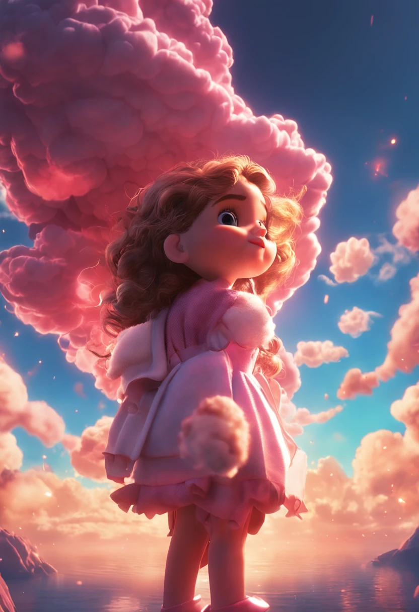 masterpiece, best quality, movie still, 1girl, cloud girl, floating in the sky, close-up, bright, happy, warm soft lighting, sunset, (sparks:0.7)