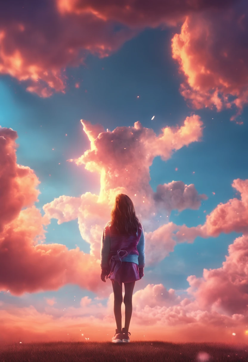 masterpiece, best quality, movie still, 1girl, cloud girl, floating in the sky, close-up, bright, happy, warm soft lighting, sunset, (sparks:0.7)