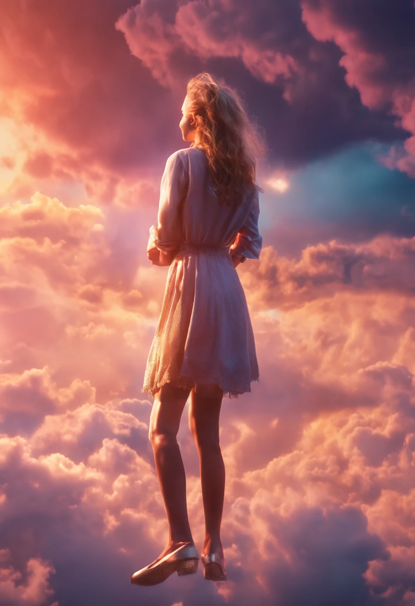 masterpiece, best quality, movie still, 1girl, cloud girl, floating in the sky, close-up, bright, happy, warm soft lighting, sunset, (sparks:0.7)