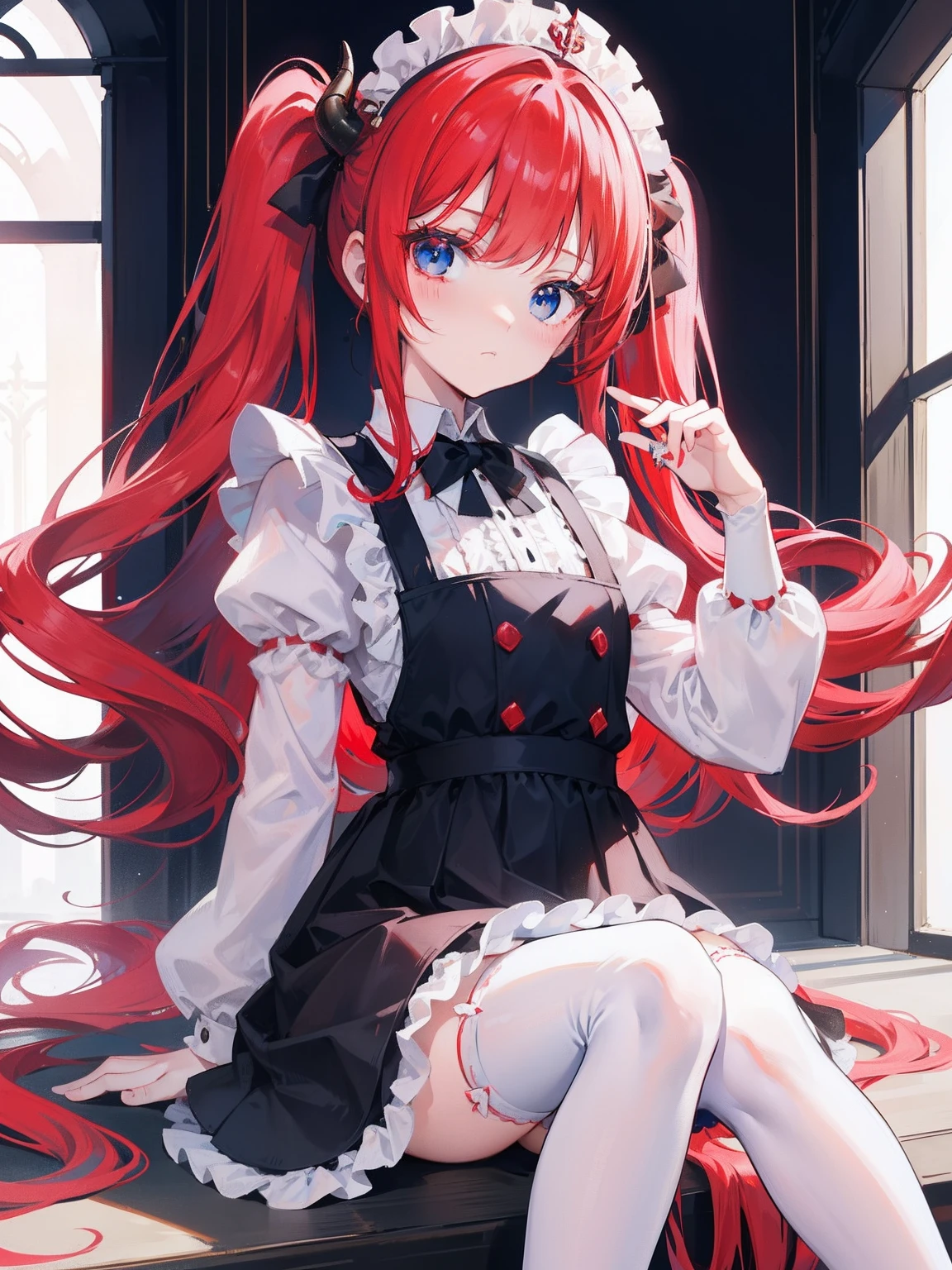 {{best quality}}, {{masterpiece}}, {{ultra-detailed}}, {illustration}, {detailed light}, Red hair, Blue eyes, twintails, Goth ta, Darkgoth, Collar,Crown tiara,pride,solo,lolig hair, halo