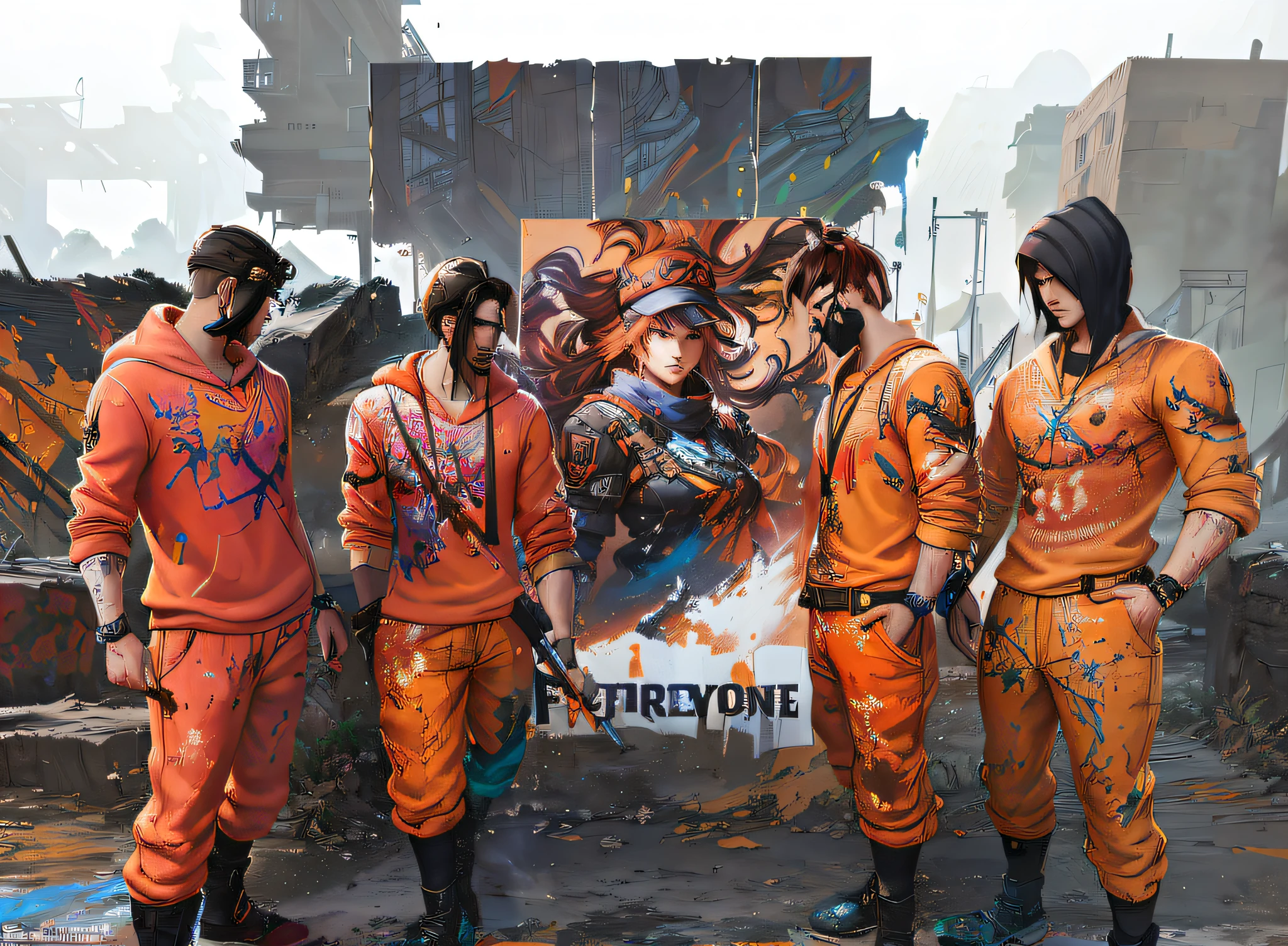 Four people stand in front of a poster of a video game, Team Fortress Style, Magnificent art style, guilty gear strive splash art, intense look, Fortnite Art Style, striking detailed artstyle, background artwork, official fan art, official splash art, valorant style, Next Generation, cyberpunk outfits, official concept art, cyberpunk flame suit, hardcore