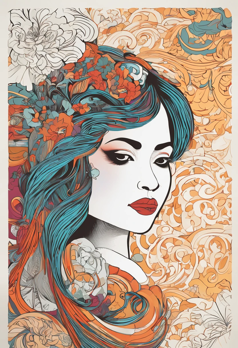 (White background:1.4),(Silhouette of a girl's head, Eyes closed, colorfull long hair, Oriental elements)，(Chinese illustration:1.3，paper art:1.3, Quilted paper art:1.2),( reasonable design, Clear lines, High sharpness,Best quality, Very detailed, Masterpiece, movie light effect, 4K )