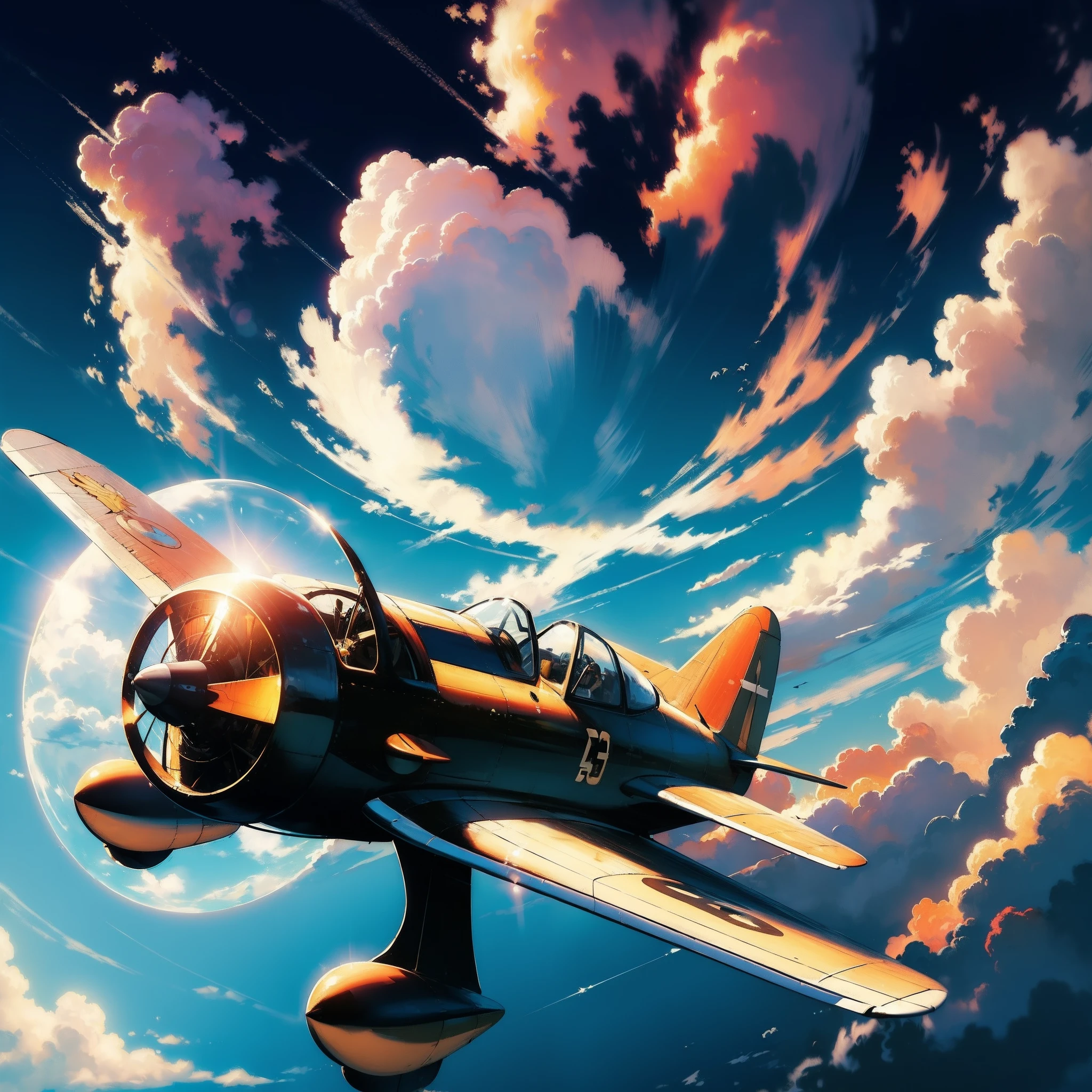 (masterpiece:1.5), highly detailed, realistic, vintage, propeller airplane, flying in a clear blue sky, with fluffy white clouds, golden hour lighting