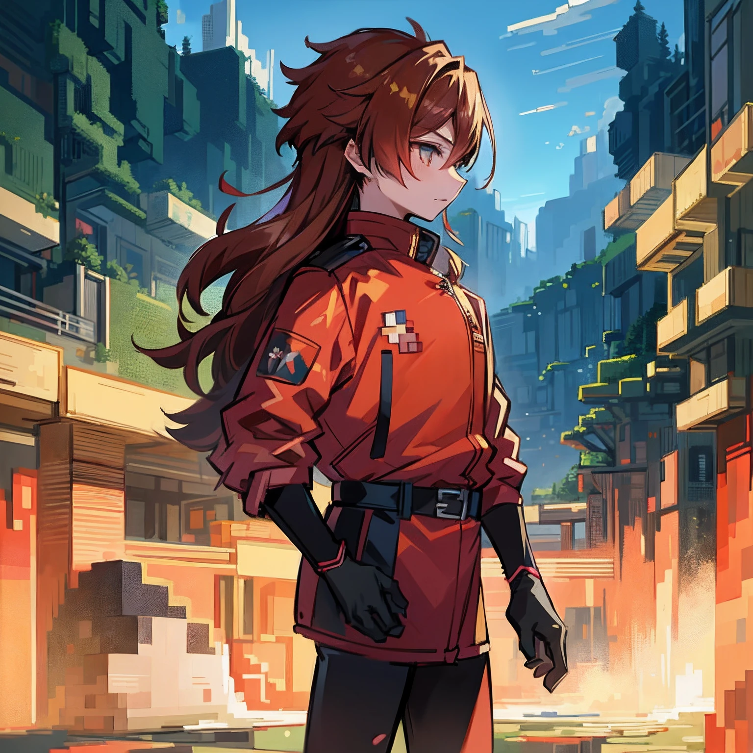 Anime characters standing in front of a field in a red jacket, Stylized anime, minecraft skin, Epic anime style, Red Uniform, profile picture 1024px, Anime style. 8K, High Quality Anime Art Style, ig studios anime style, anime art style, anime moe art style, anime style character, official fanart, made with anime painter studio